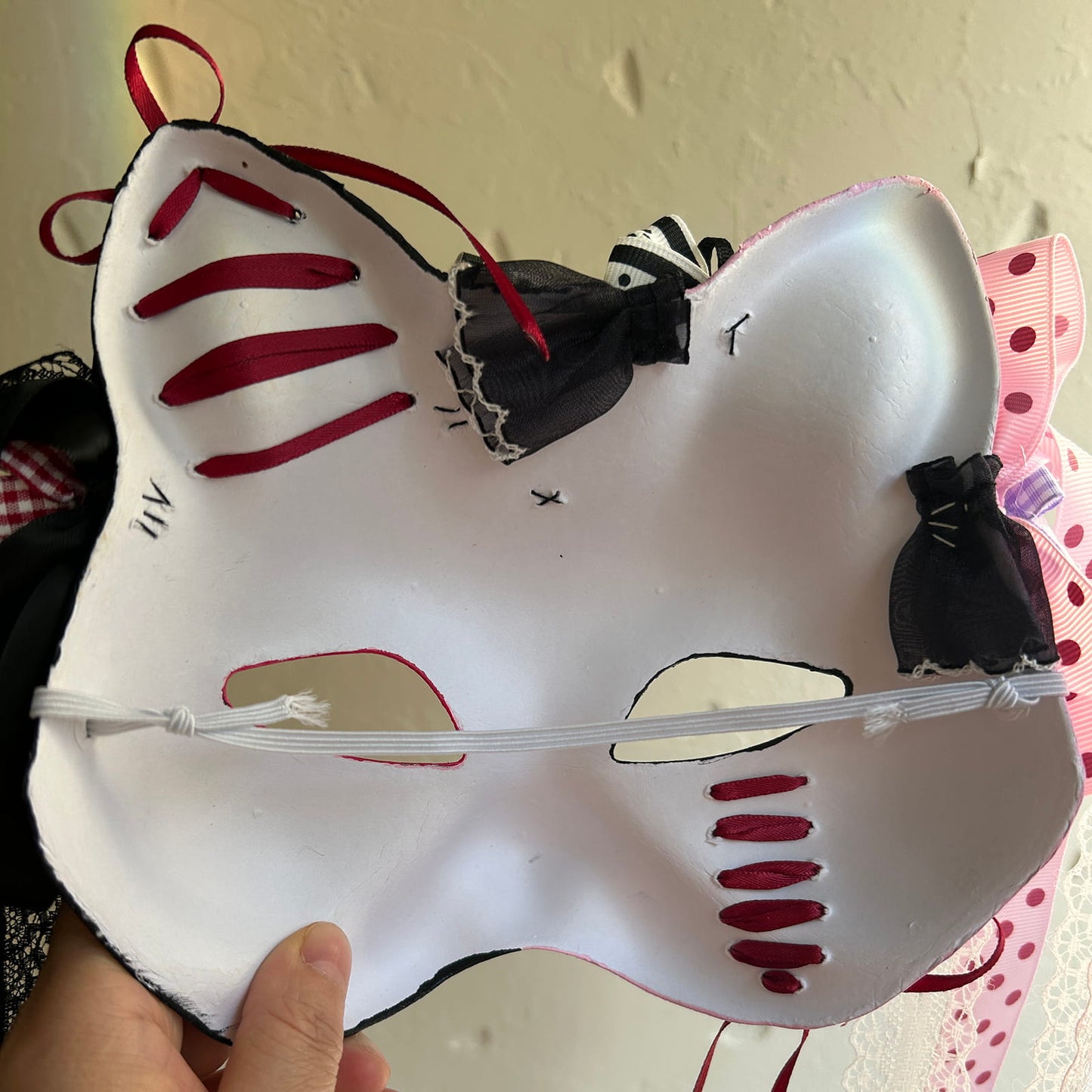 Original design handmade Pink Check cat mask kabuki 06