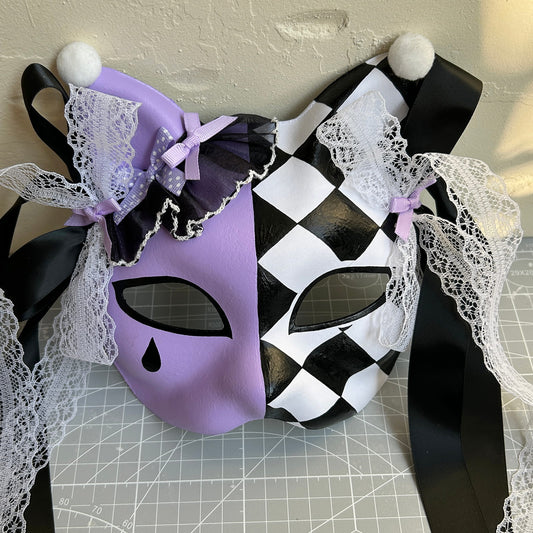 Hand-painted Purple Checkered Masquerade cat mask kabuki 01
