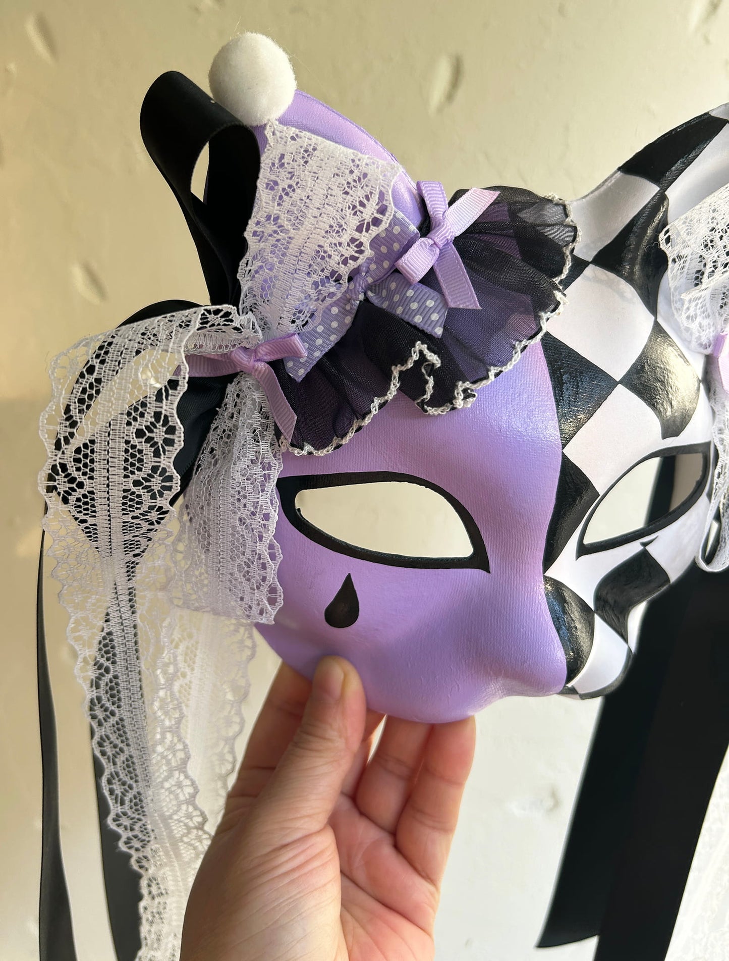 Hand-painted Purple Checkered Masquerade cat mask kabuki 01