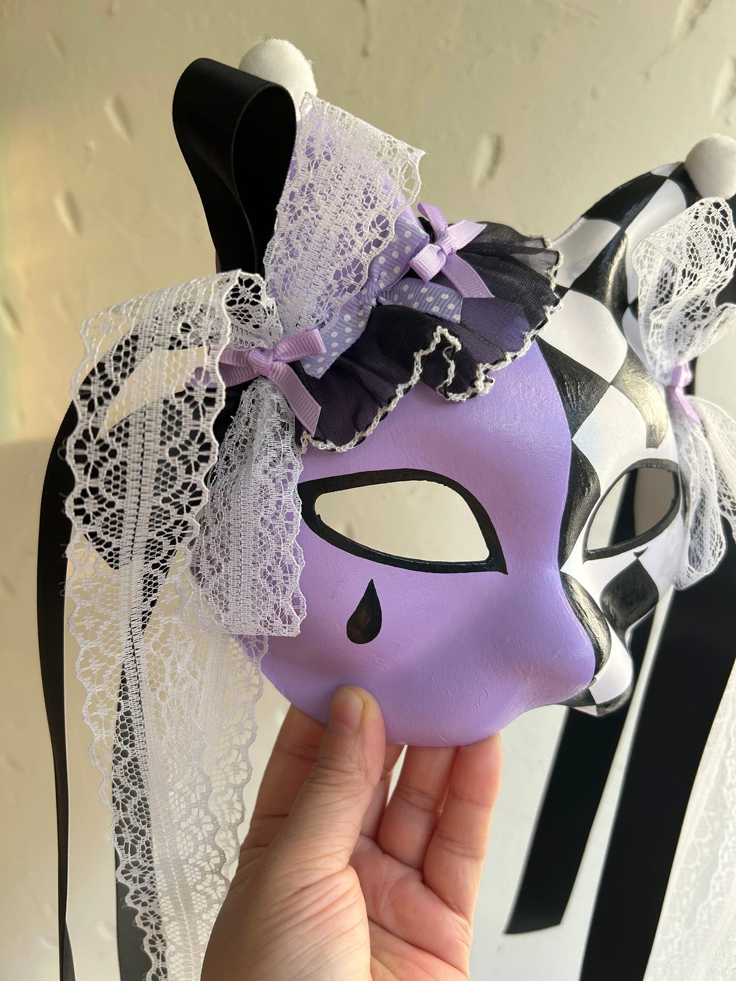 Hand-painted Purple Checkered Masquerade cat mask kabuki 01