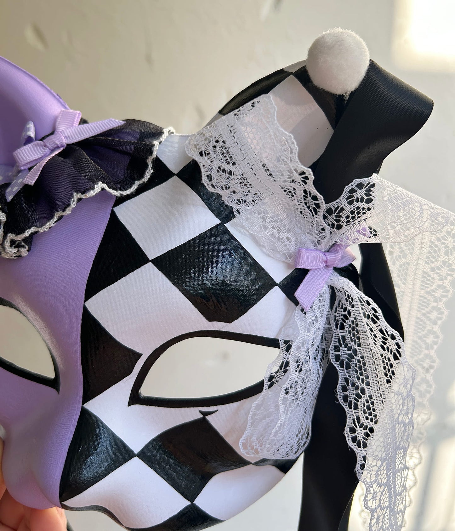 Hand-painted Purple Checkered Masquerade cat mask kabuki 01