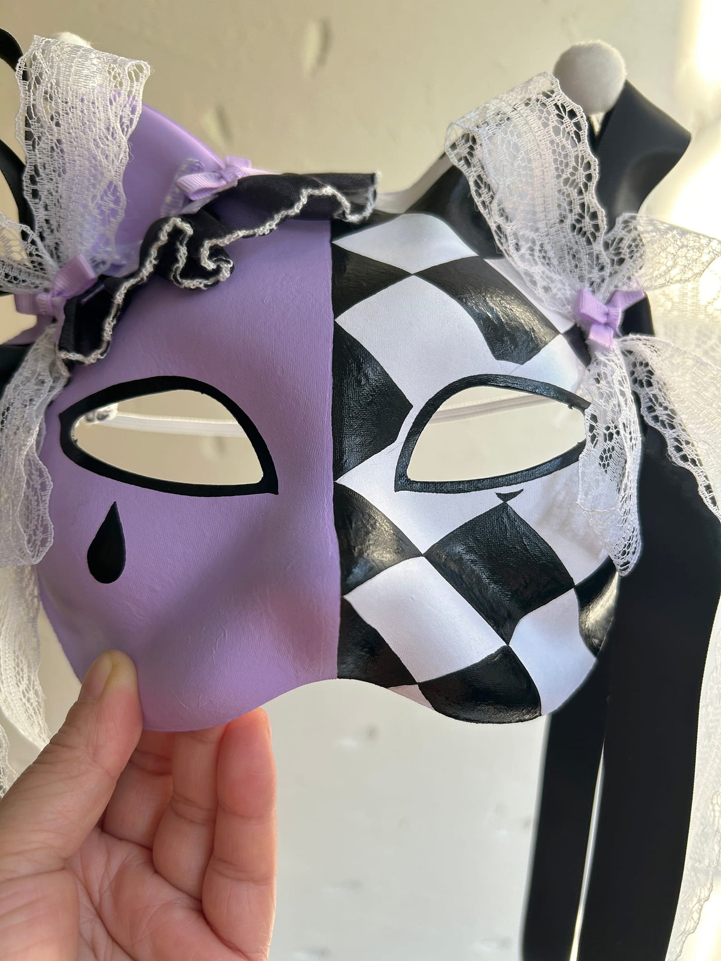 Hand-painted Purple Checkered Masquerade cat mask kabuki 01