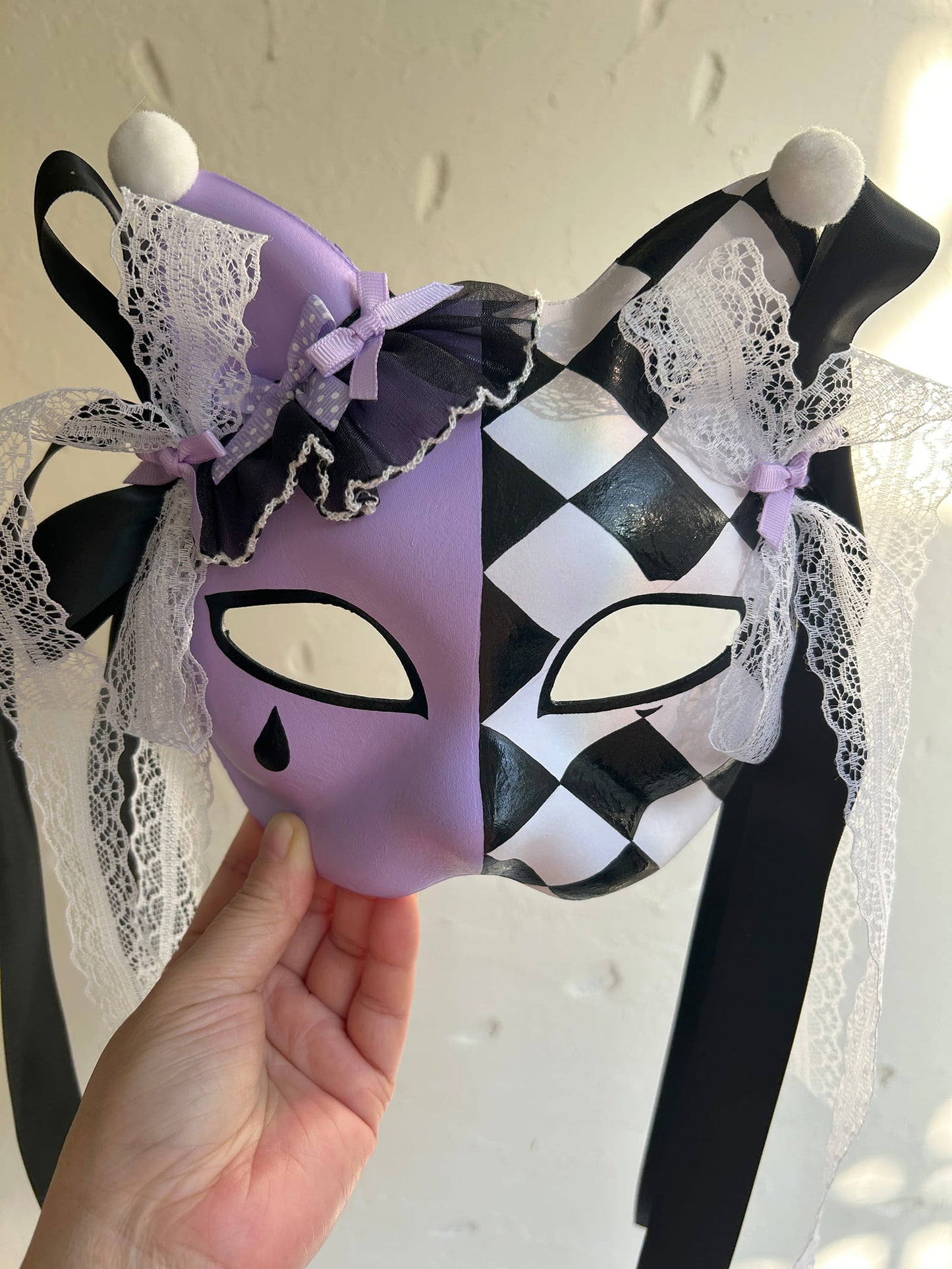 Hand-painted Purple Checkered Masquerade cat mask kabuki 01
