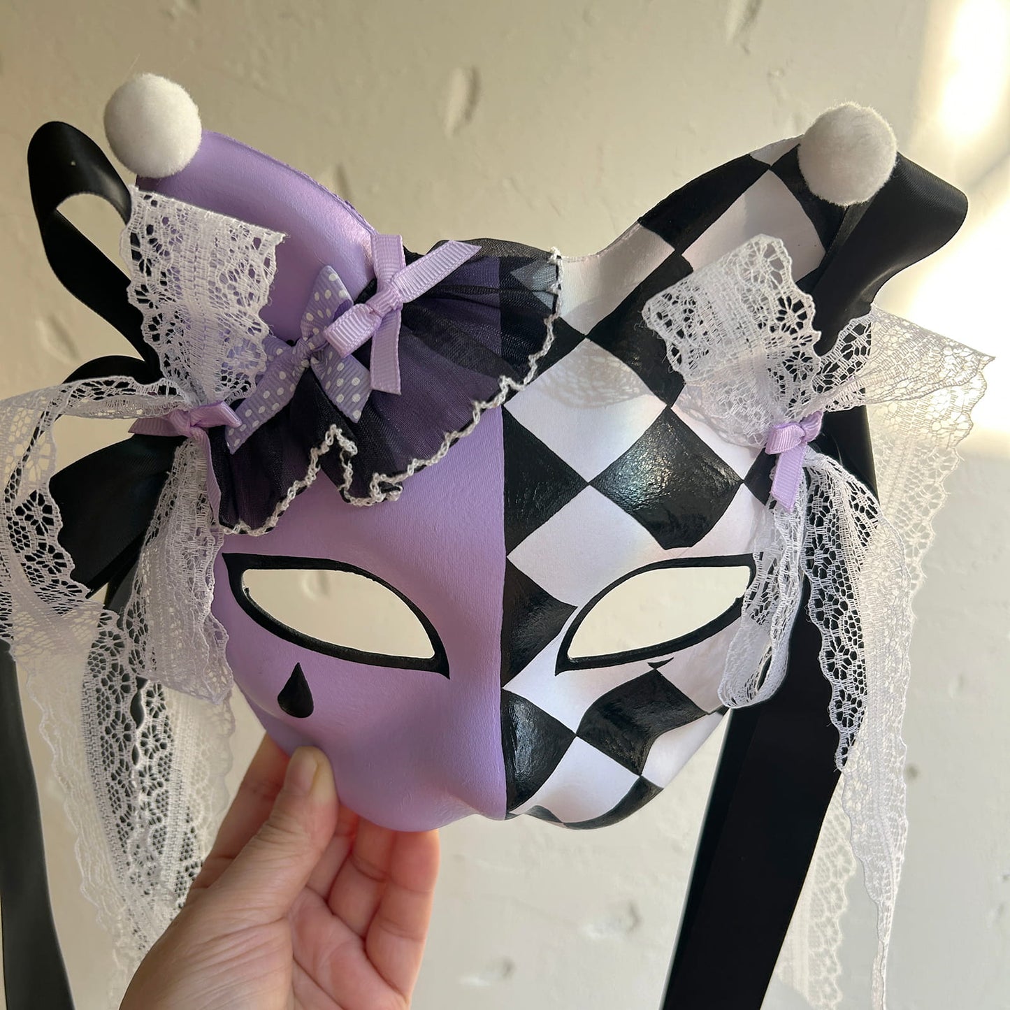 Hand-painted Purple Checkered Masquerade cat mask kabuki 01