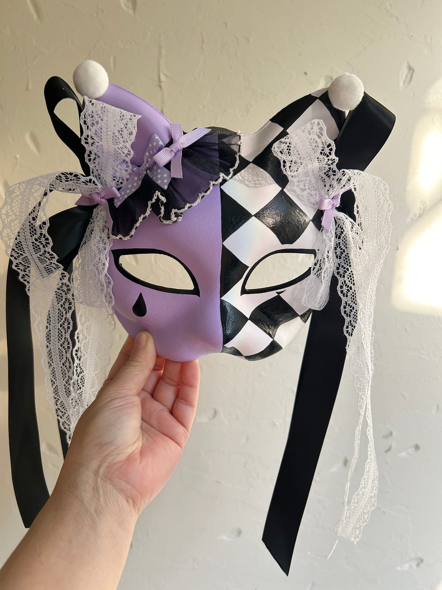 Hand-painted Purple Checkered Masquerade cat mask kabuki 01