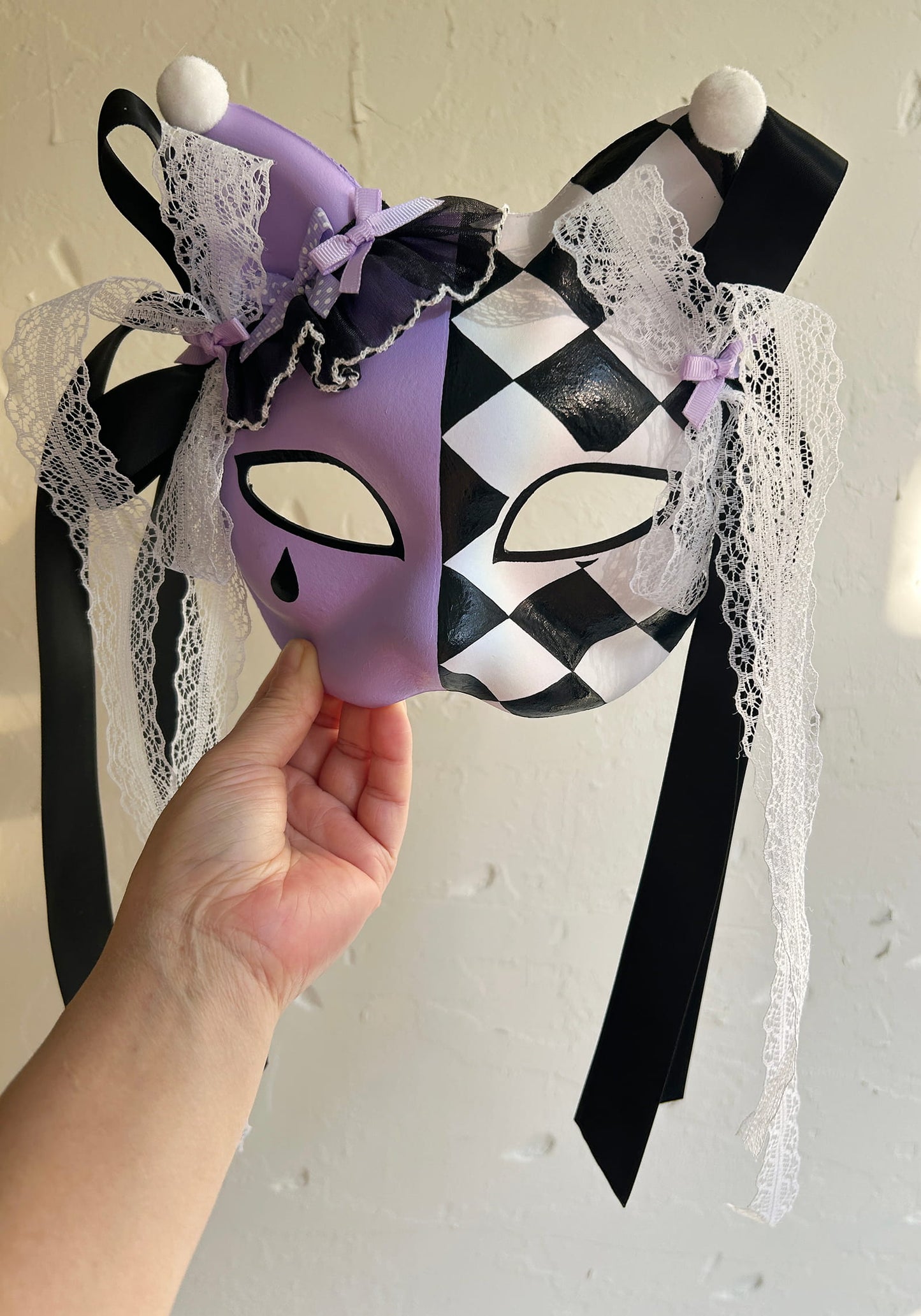 Hand-painted Purple Checkered Masquerade cat mask kabuki 01