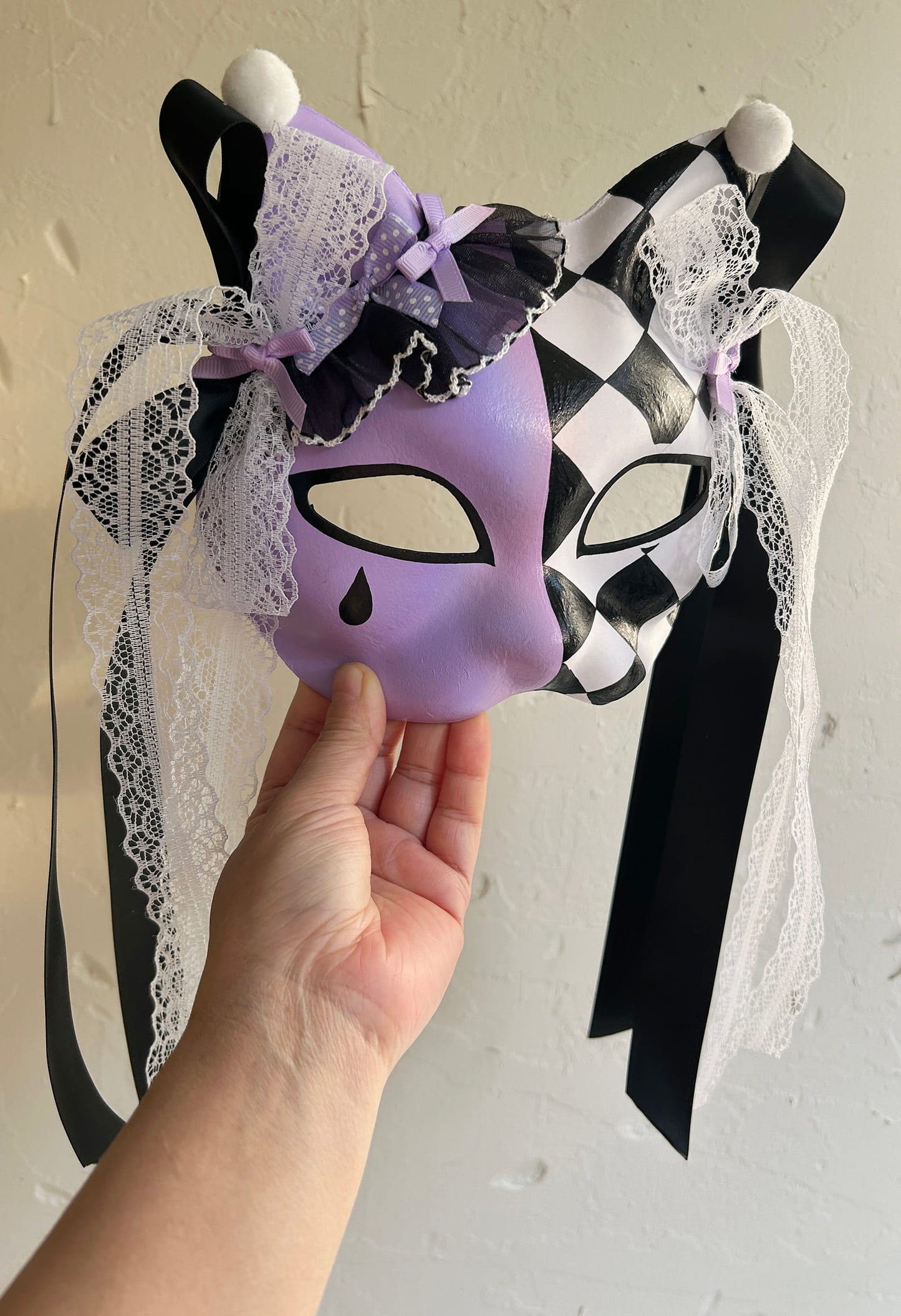 Hand-painted Purple Checkered Masquerade cat mask kabuki 01