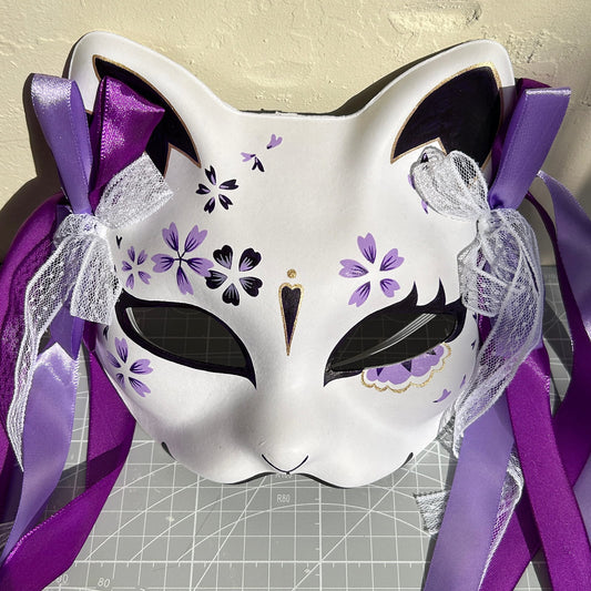 Hand-painted purple sakura cat mask Masquerade  kabuki 01