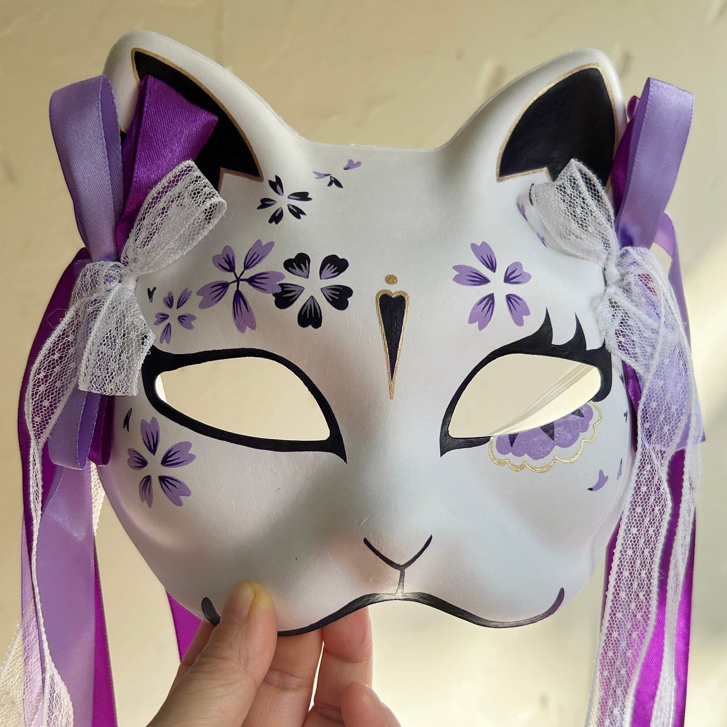 Hand-painted purple sakura cat mask Masquerade  kabuki 01