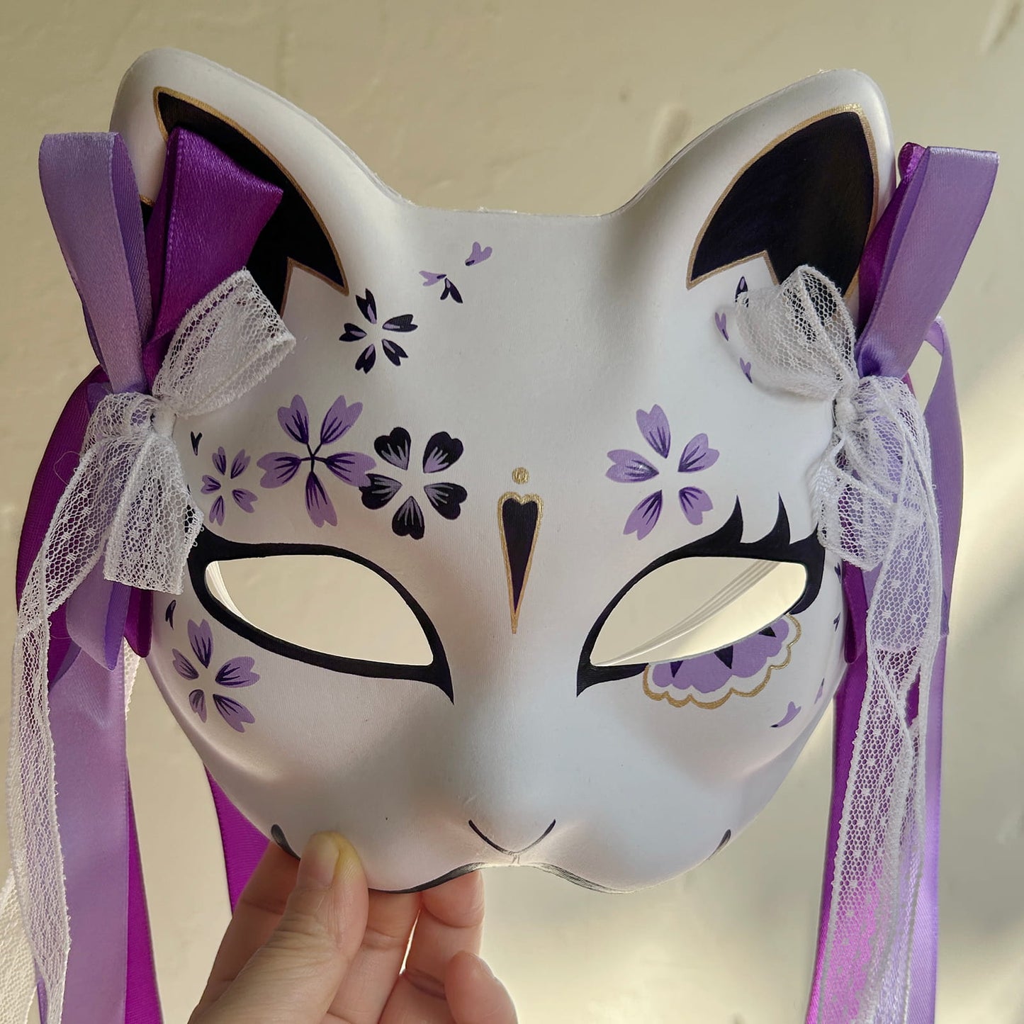 Hand-painted purple sakura cat mask Masquerade  kabuki 01