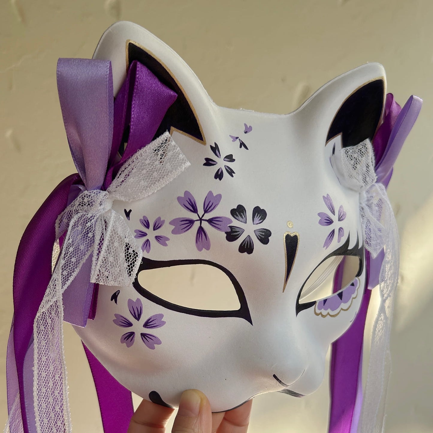 Hand-painted purple sakura cat mask Masquerade  kabuki 01