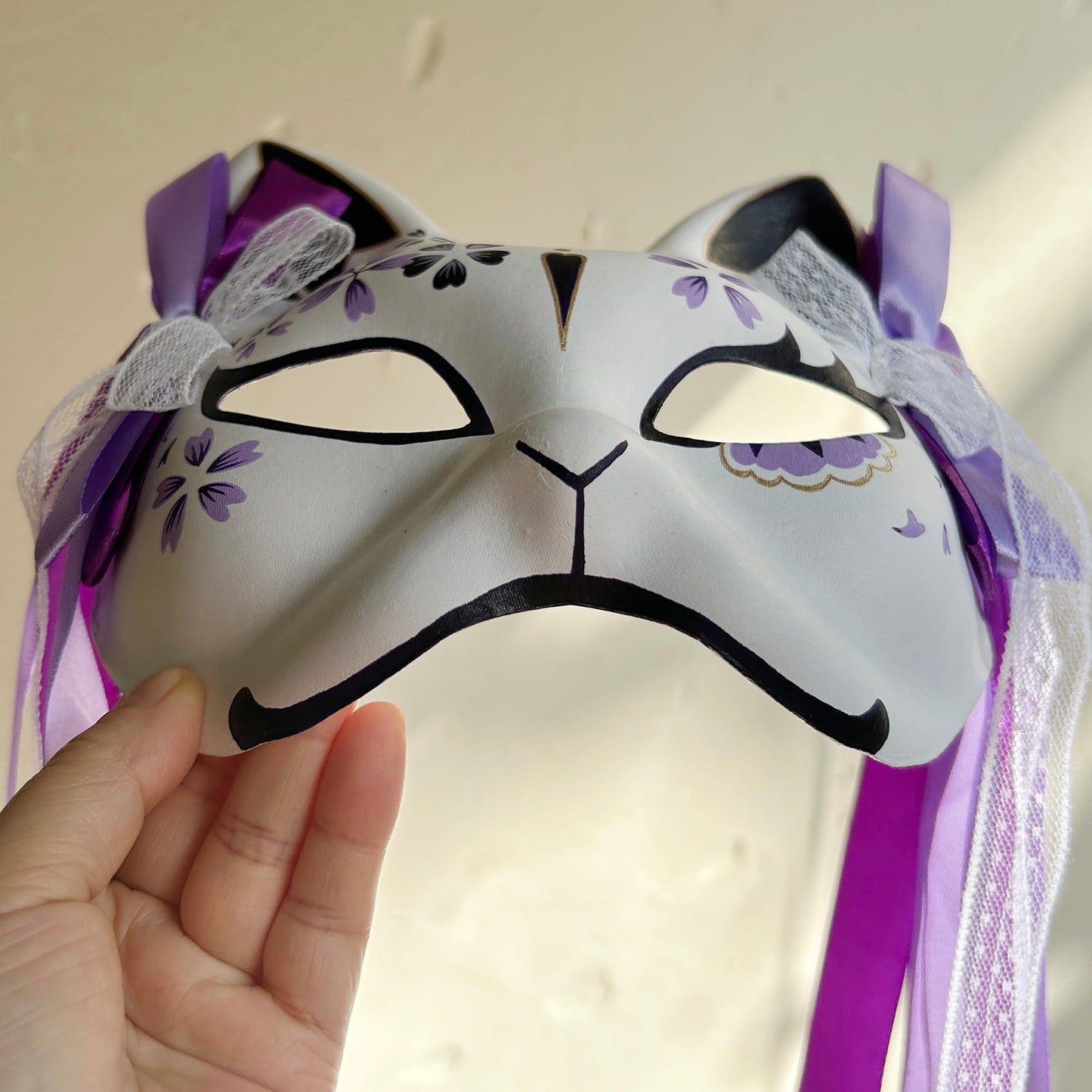 Hand-painted purple sakura cat mask Masquerade  kabuki 01