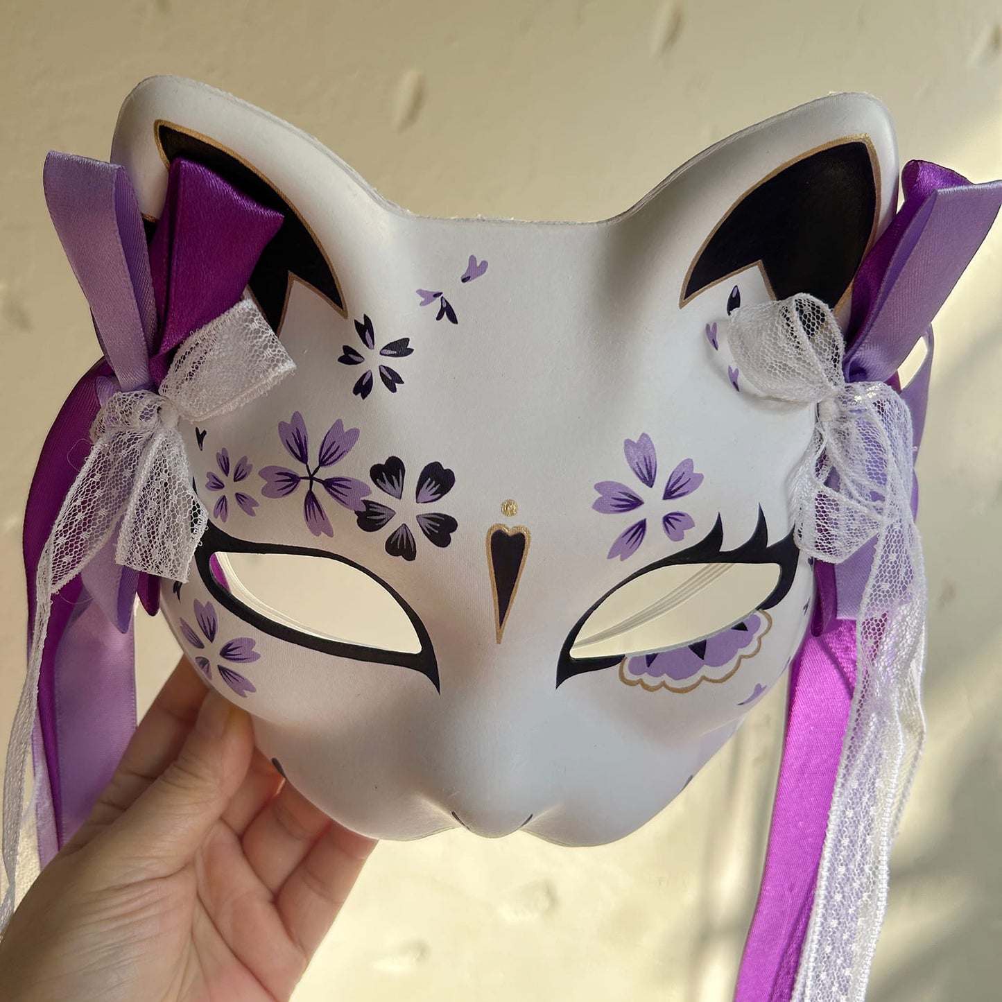Hand-painted purple sakura cat mask Masquerade  kabuki 01