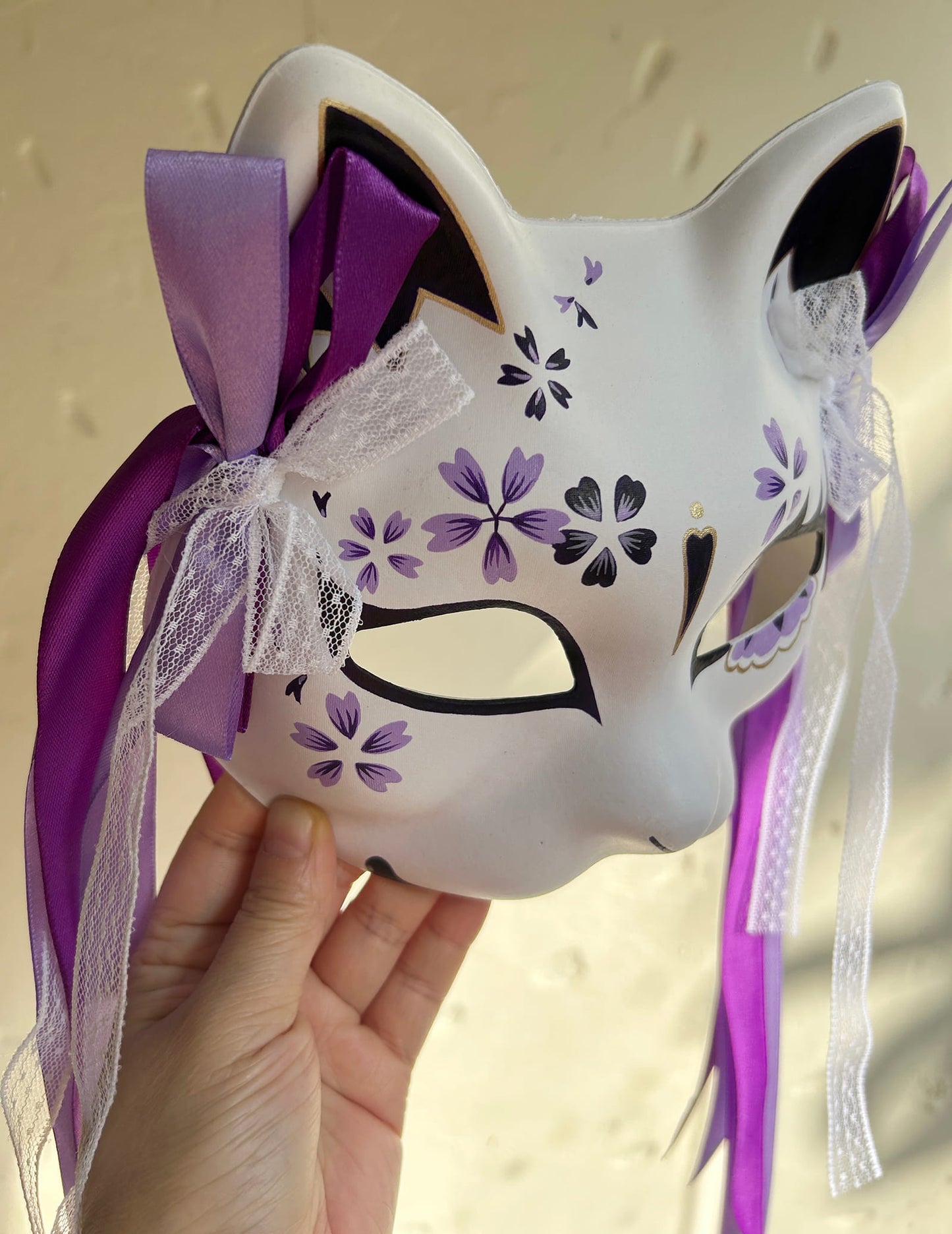 Hand-painted purple sakura cat mask Masquerade  kabuki 01