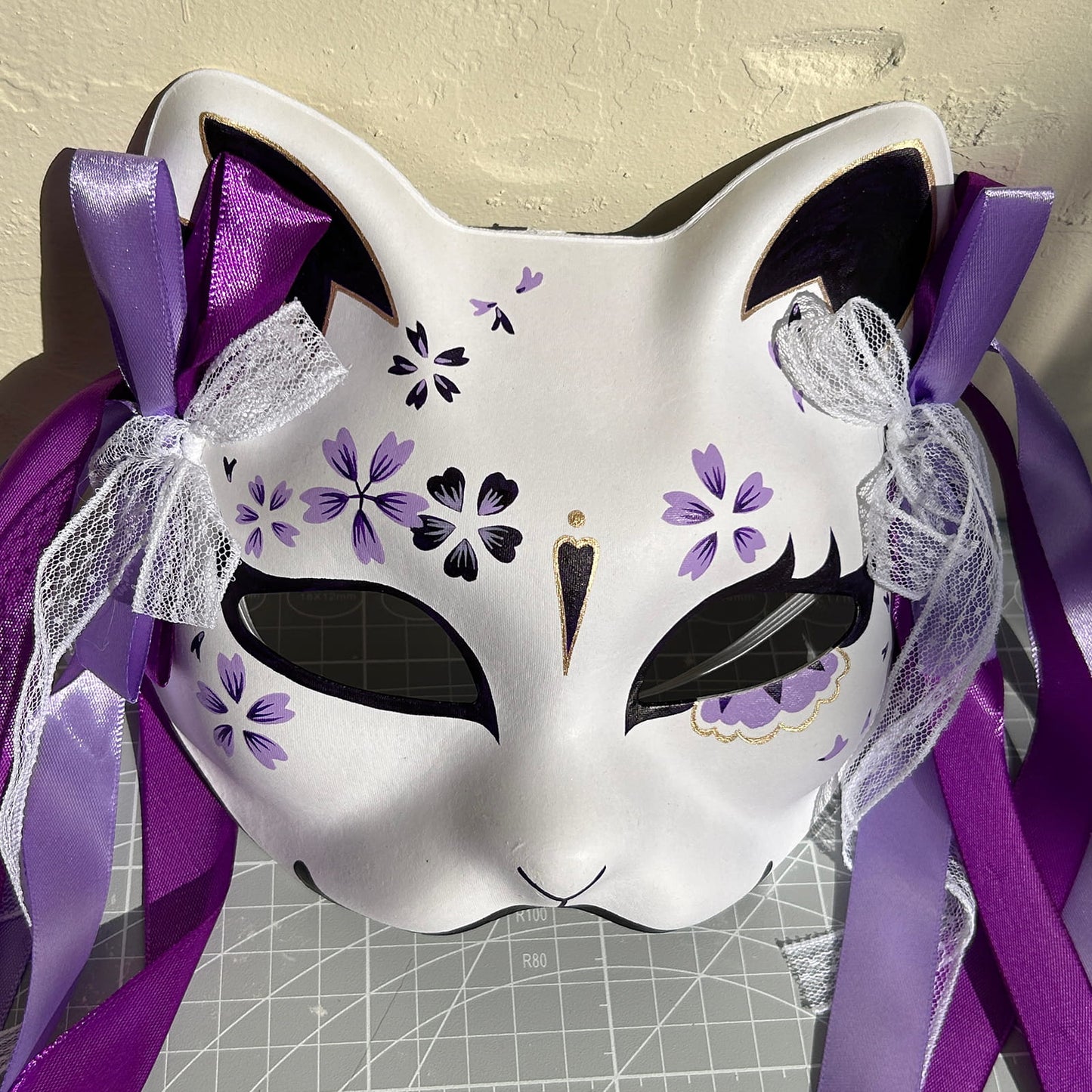 Hand-painted purple sakura cat mask Masquerade  kabuki 01