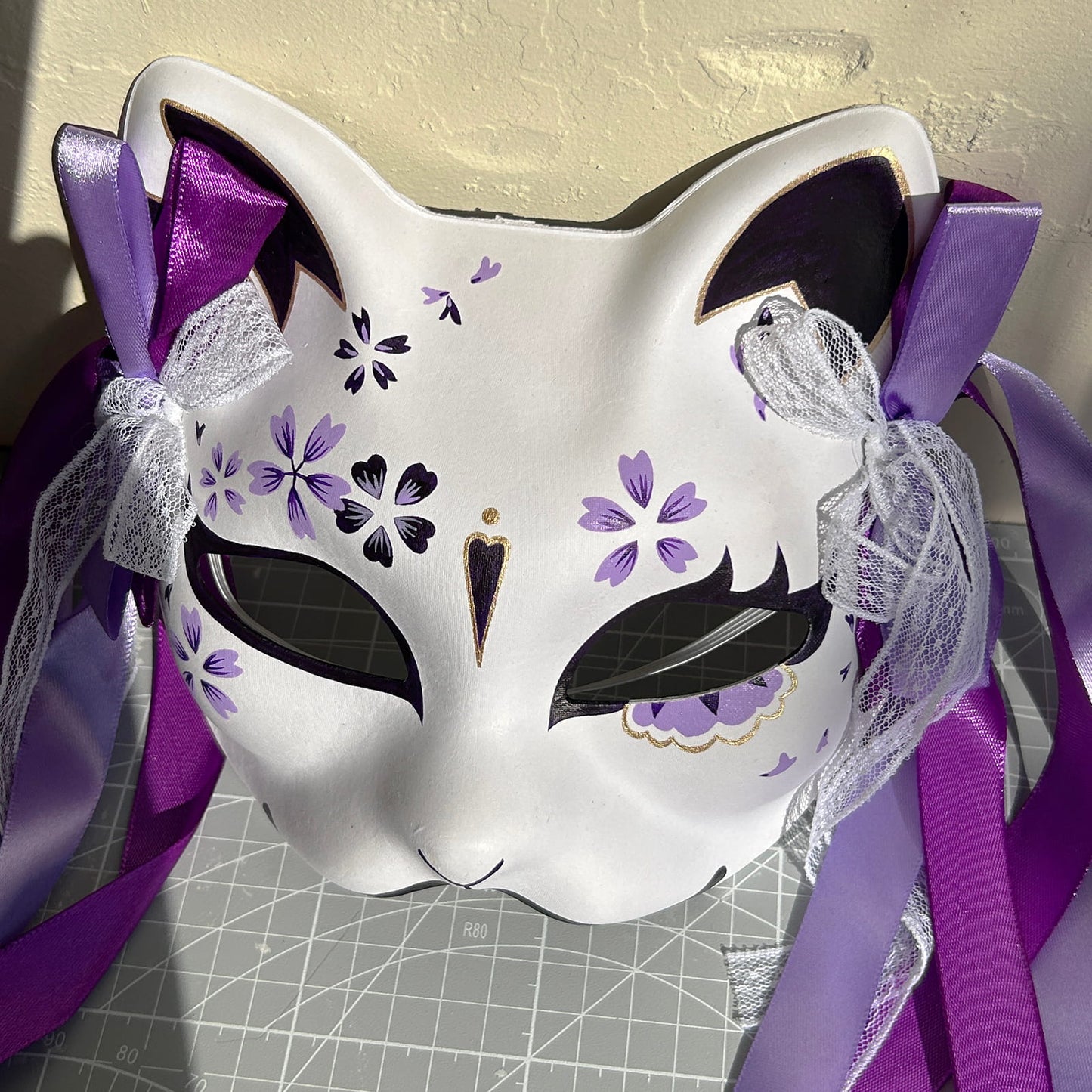Hand-painted purple sakura cat mask Masquerade  kabuki 01