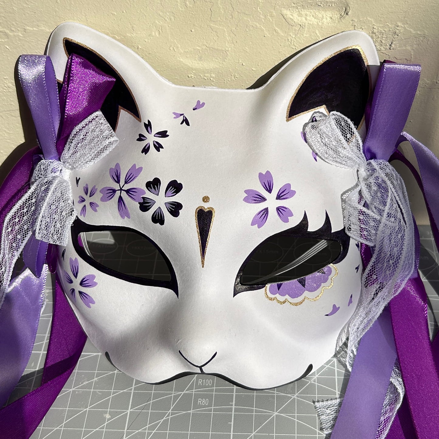 Hand-painted purple sakura cat mask Masquerade  kabuki 01