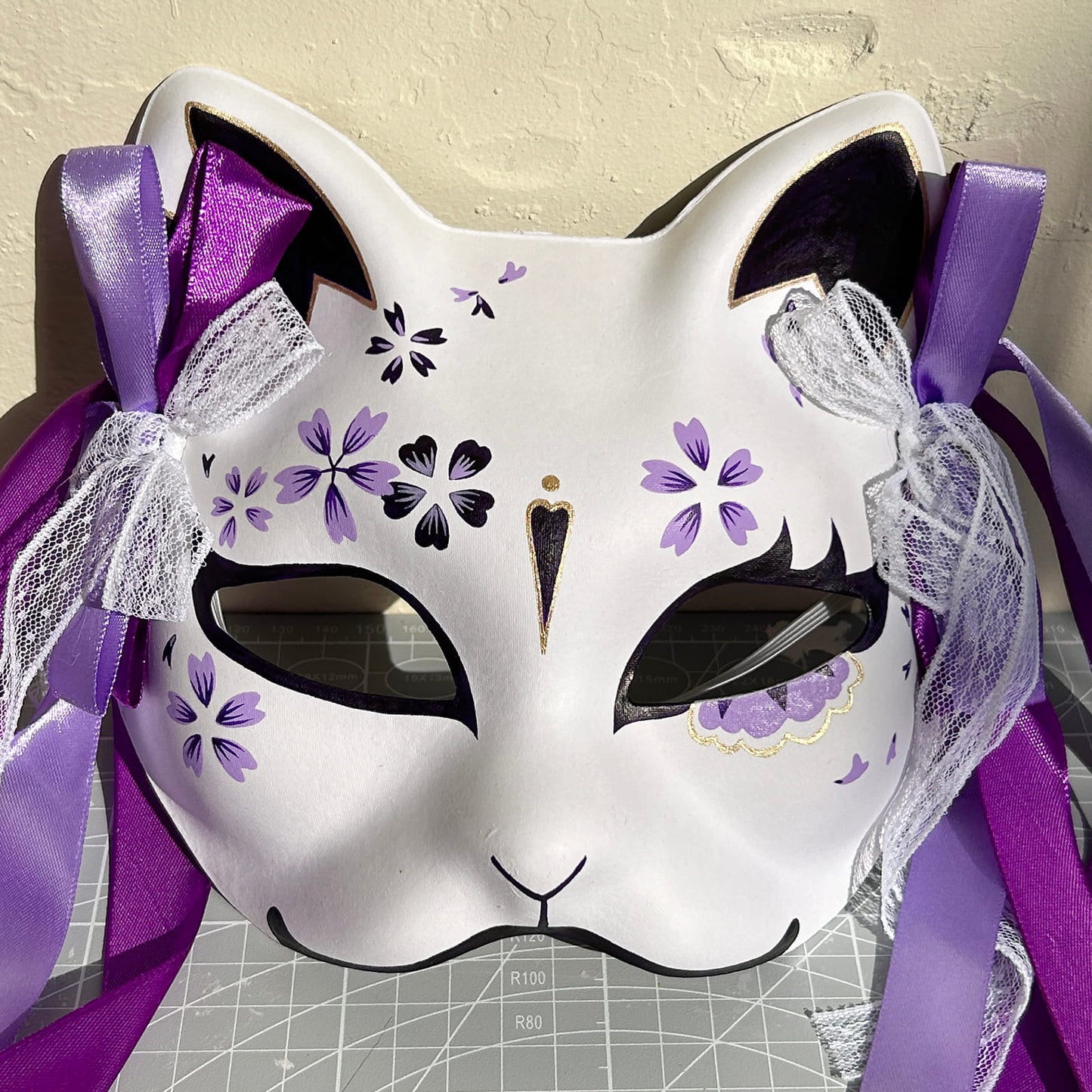 Hand-painted purple sakura cat mask Masquerade  kabuki 01