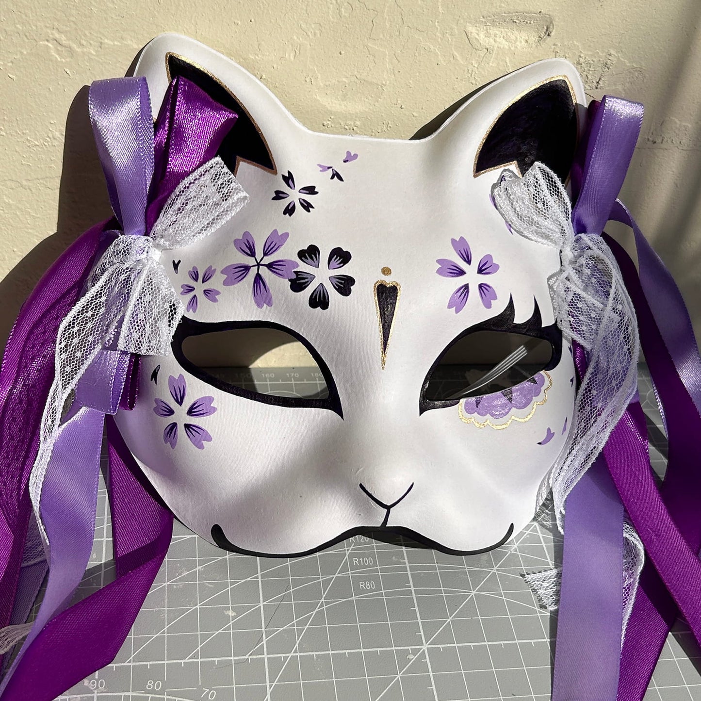 Hand-painted purple sakura cat mask Masquerade  kabuki 01