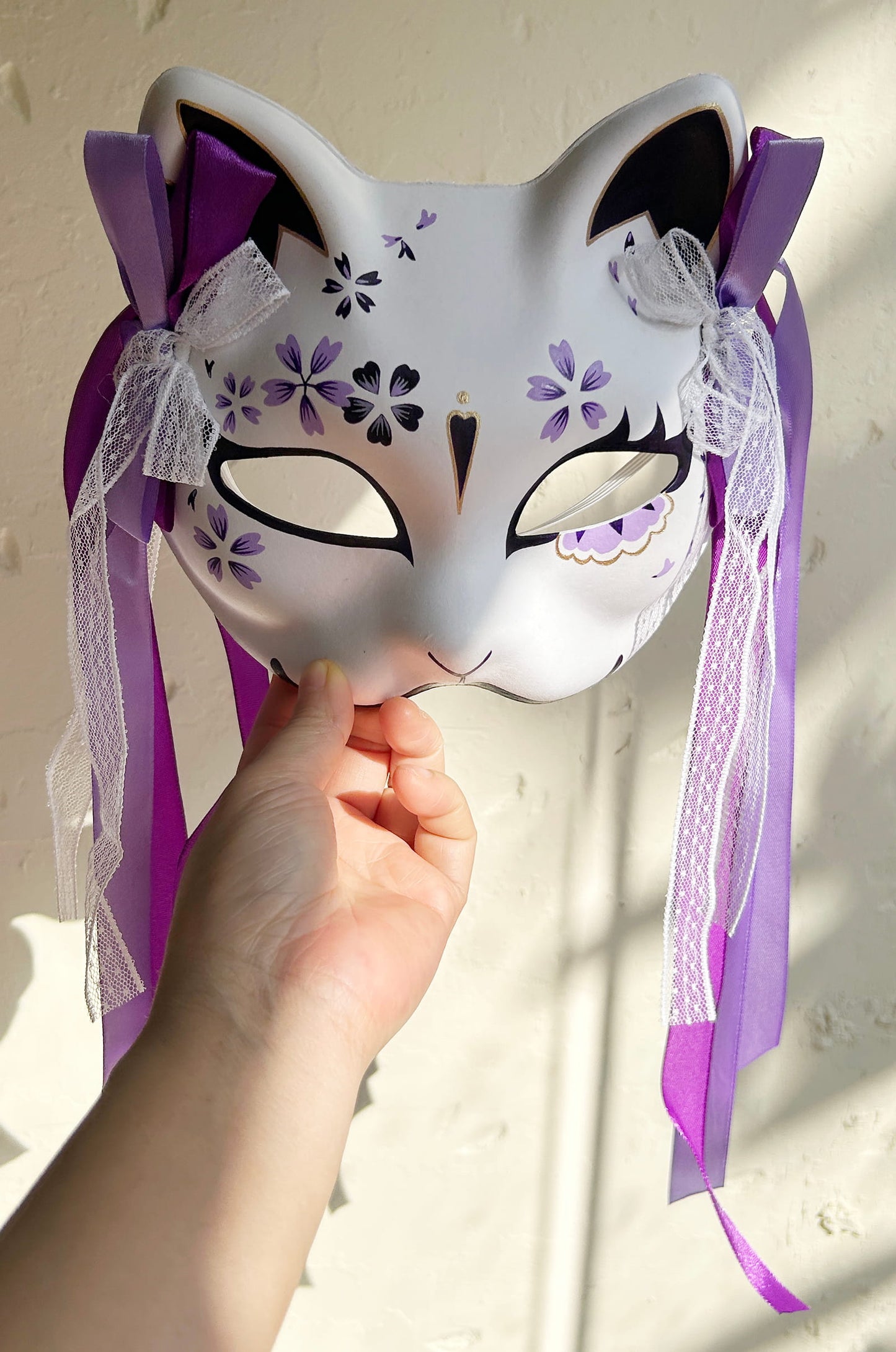 Hand-painted purple sakura cat mask Masquerade  kabuki 01
