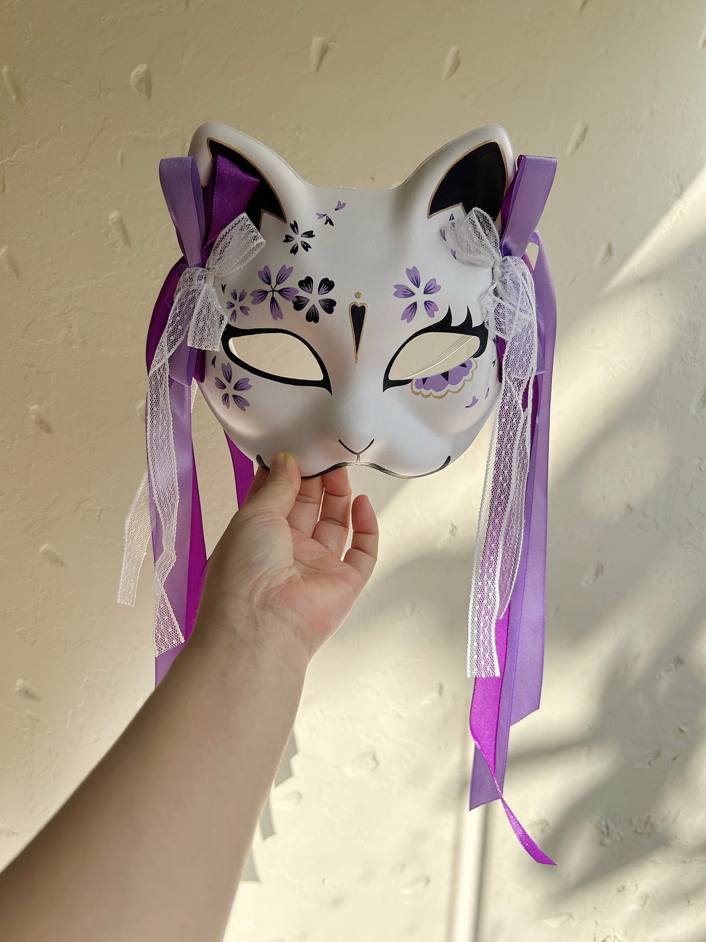 Hand-painted purple sakura cat mask Masquerade  kabuki 01