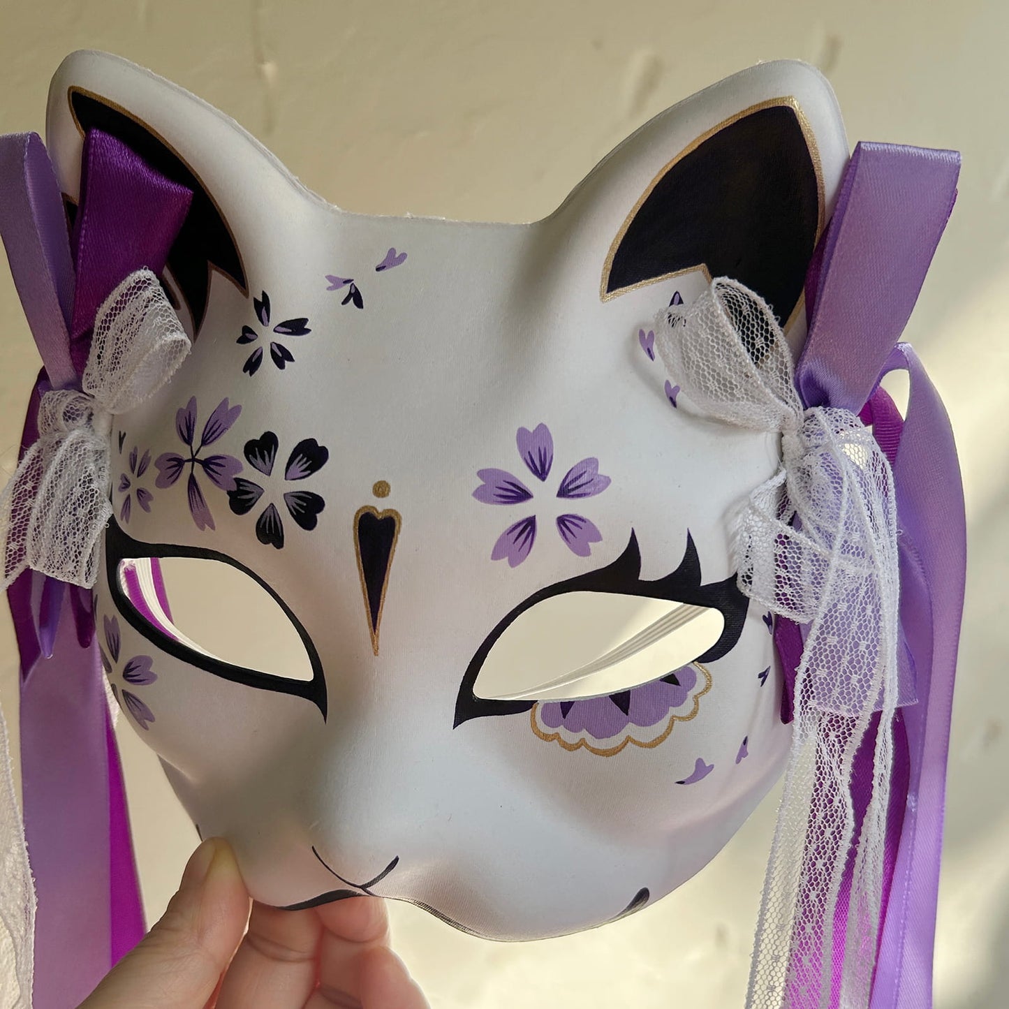Hand-painted purple sakura cat mask Masquerade  kabuki 01