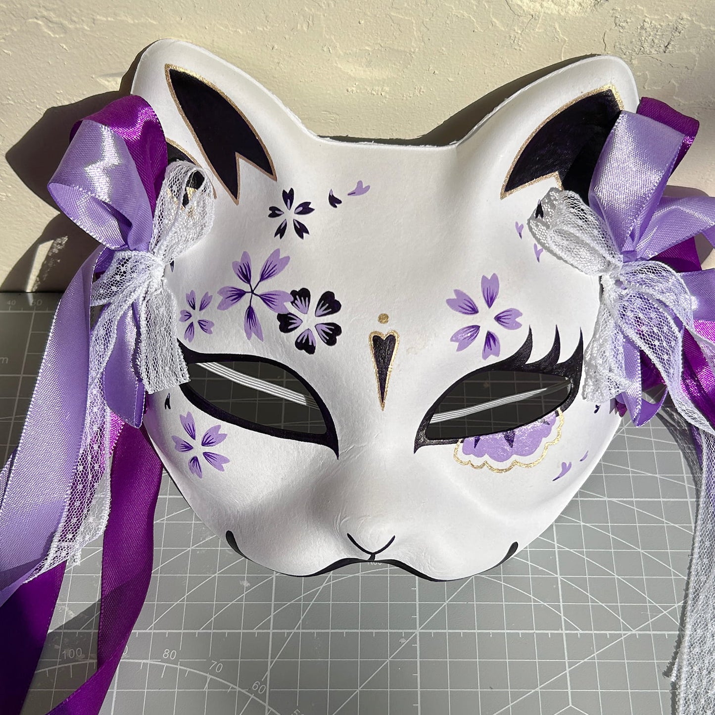 Hand-painted purple sakura cat mask Masquerade  kabuki 02