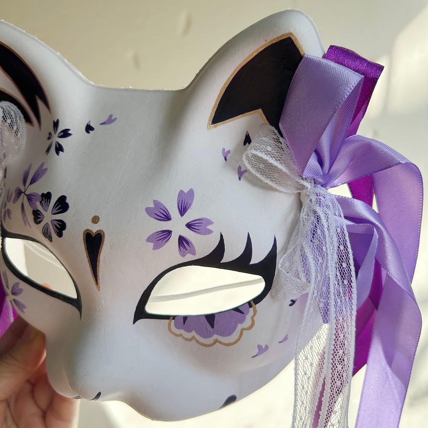 Hand-painted purple sakura cat mask Masquerade  kabuki 02