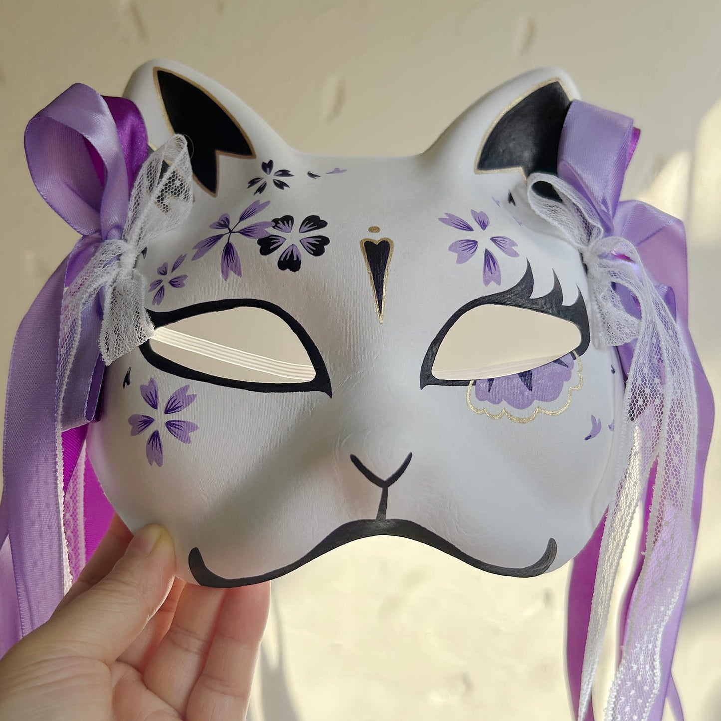 Hand-painted purple sakura cat mask Masquerade  kabuki 02