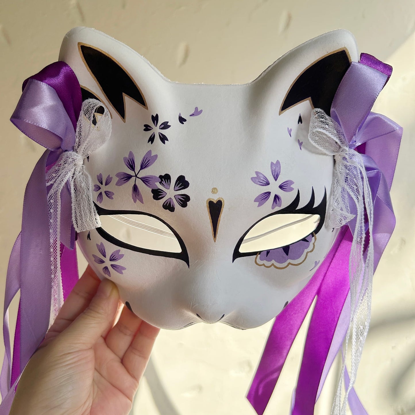 Hand-painted purple sakura cat mask Masquerade  kabuki 02