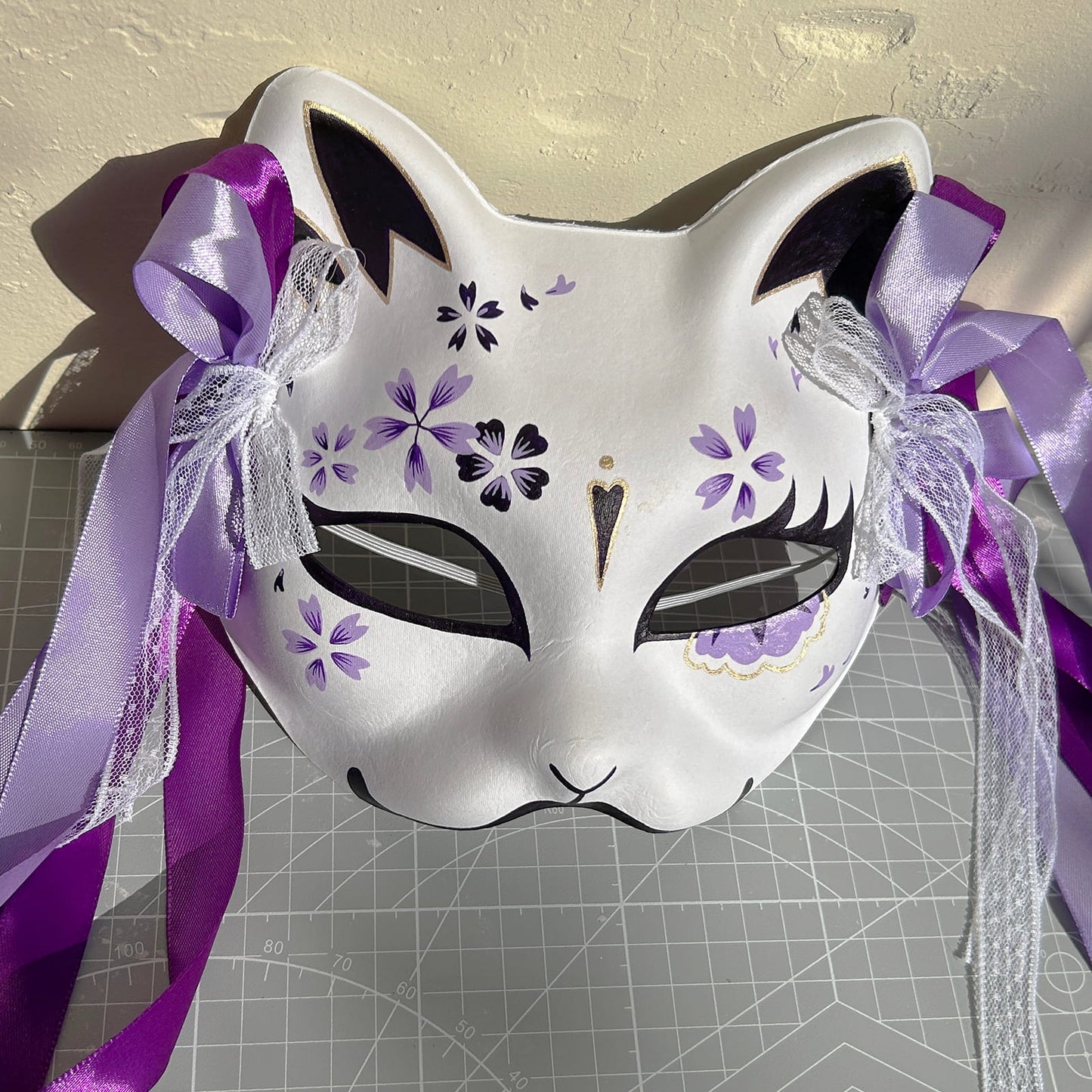Hand-painted purple sakura cat mask Masquerade  kabuki 02
