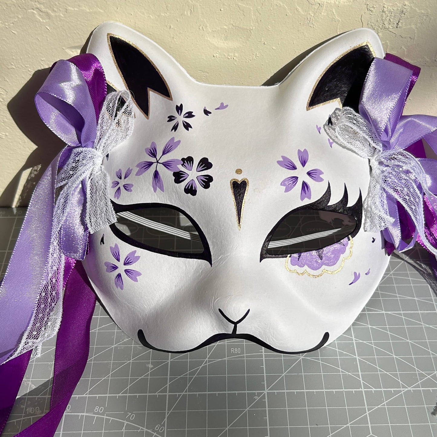 Hand-painted purple sakura cat mask Masquerade  kabuki 02