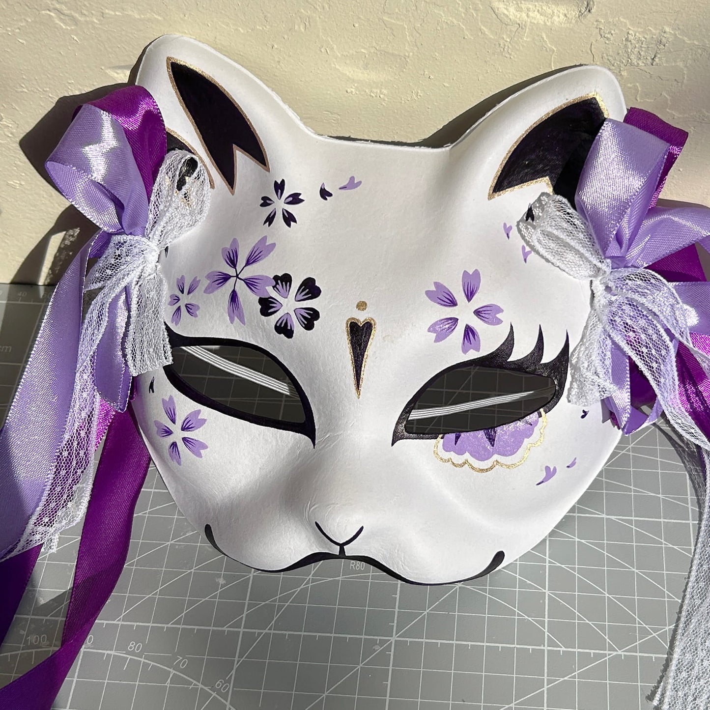 Hand-painted purple sakura cat mask Masquerade  kabuki 02