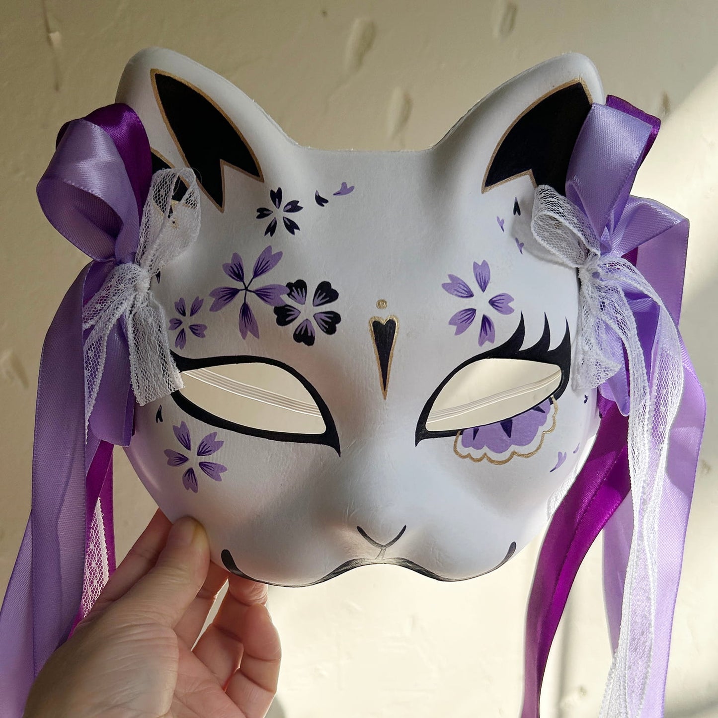 Hand-painted purple sakura cat mask Masquerade  kabuki 02