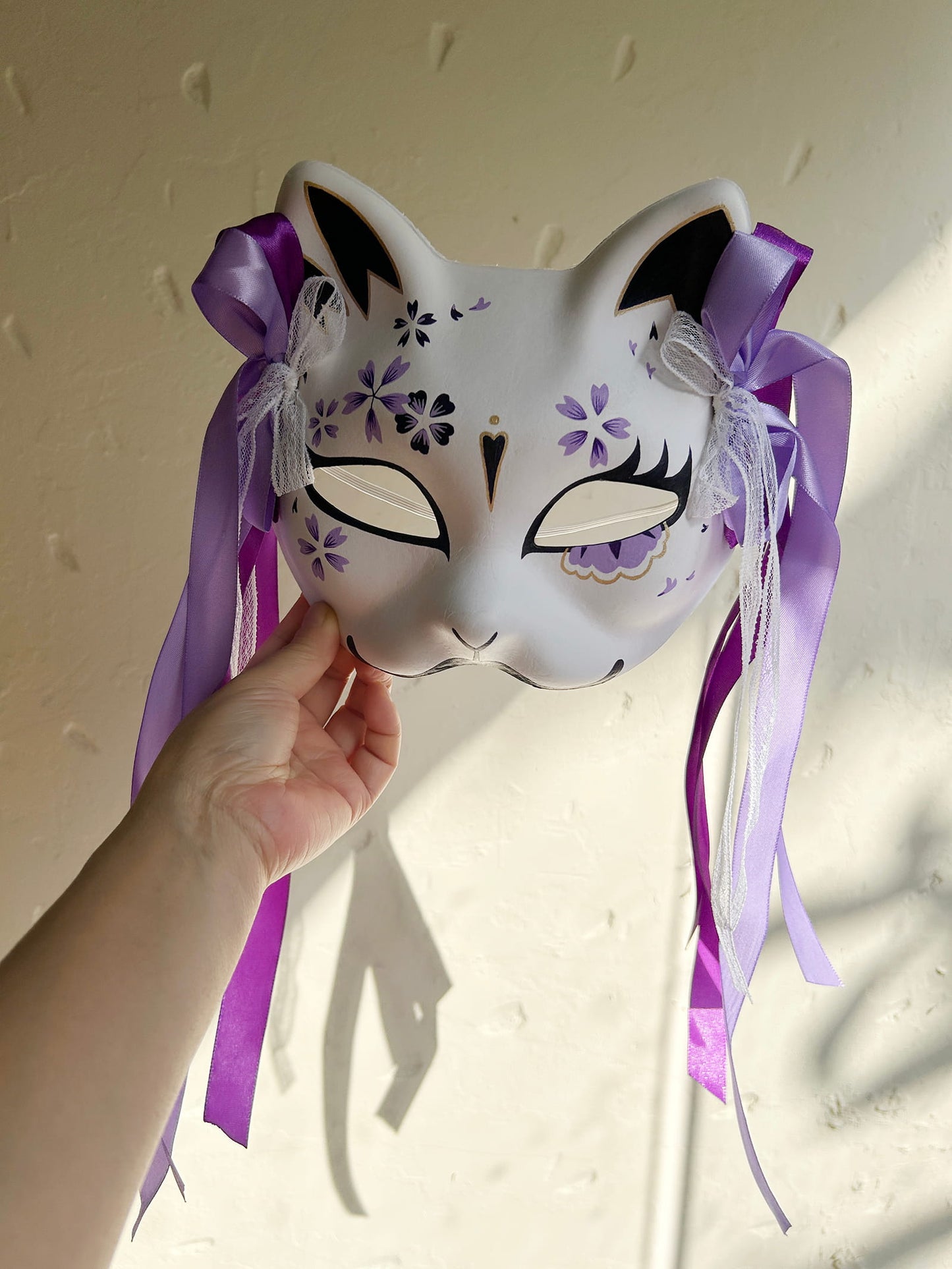 Hand-painted purple sakura cat mask Masquerade  kabuki 02