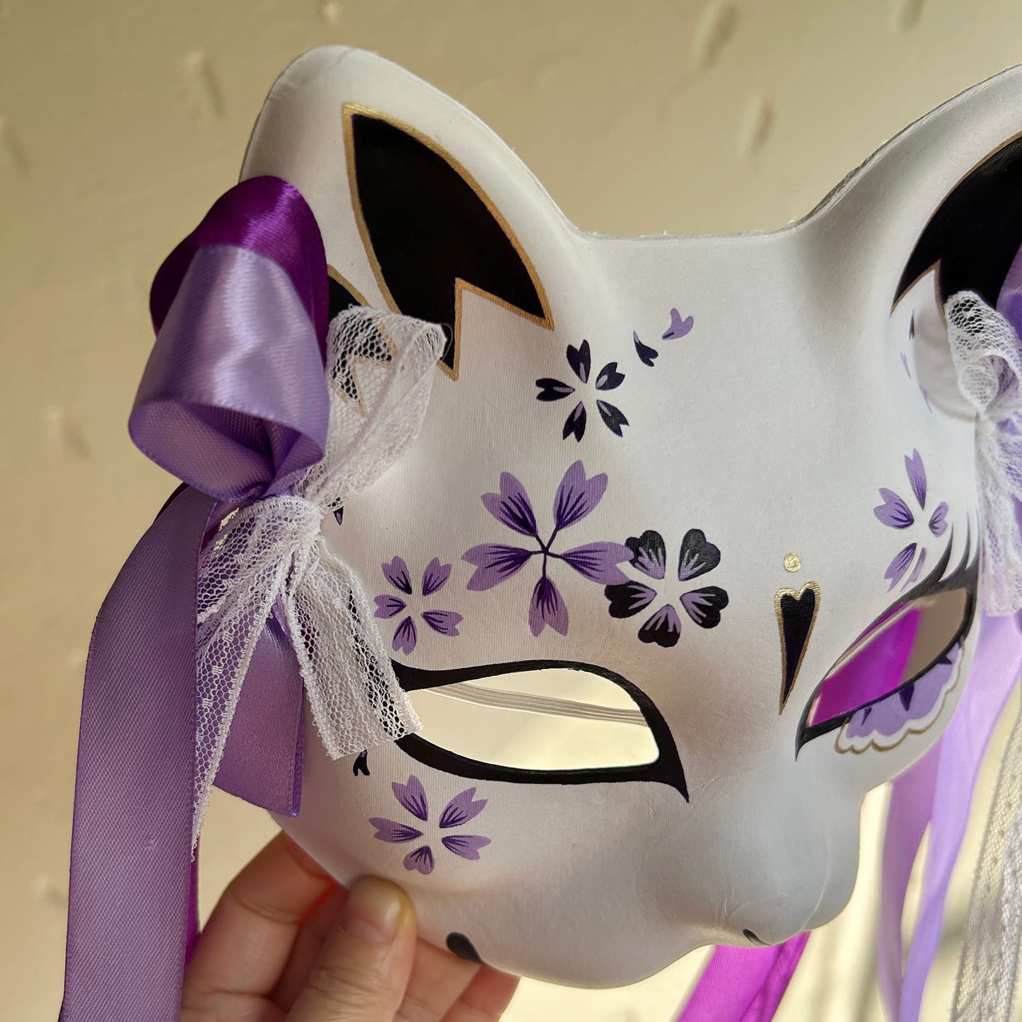 Hand-painted purple sakura cat mask Masquerade  kabuki 02