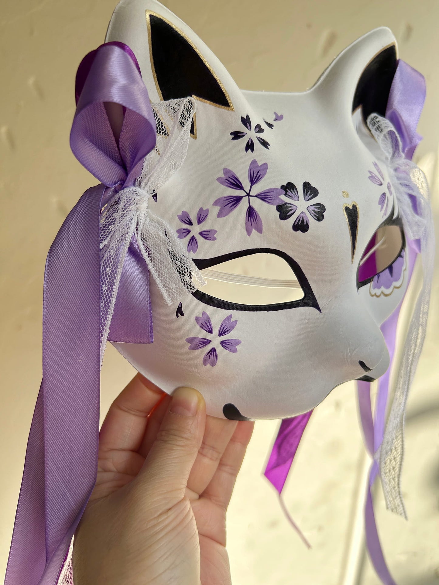 Hand-painted purple sakura cat mask Masquerade  kabuki 02