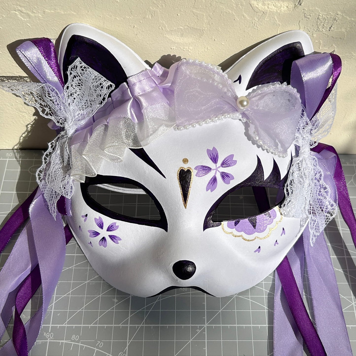 Hand-painted purple sakura cat mask Masquerade  kabuki 03