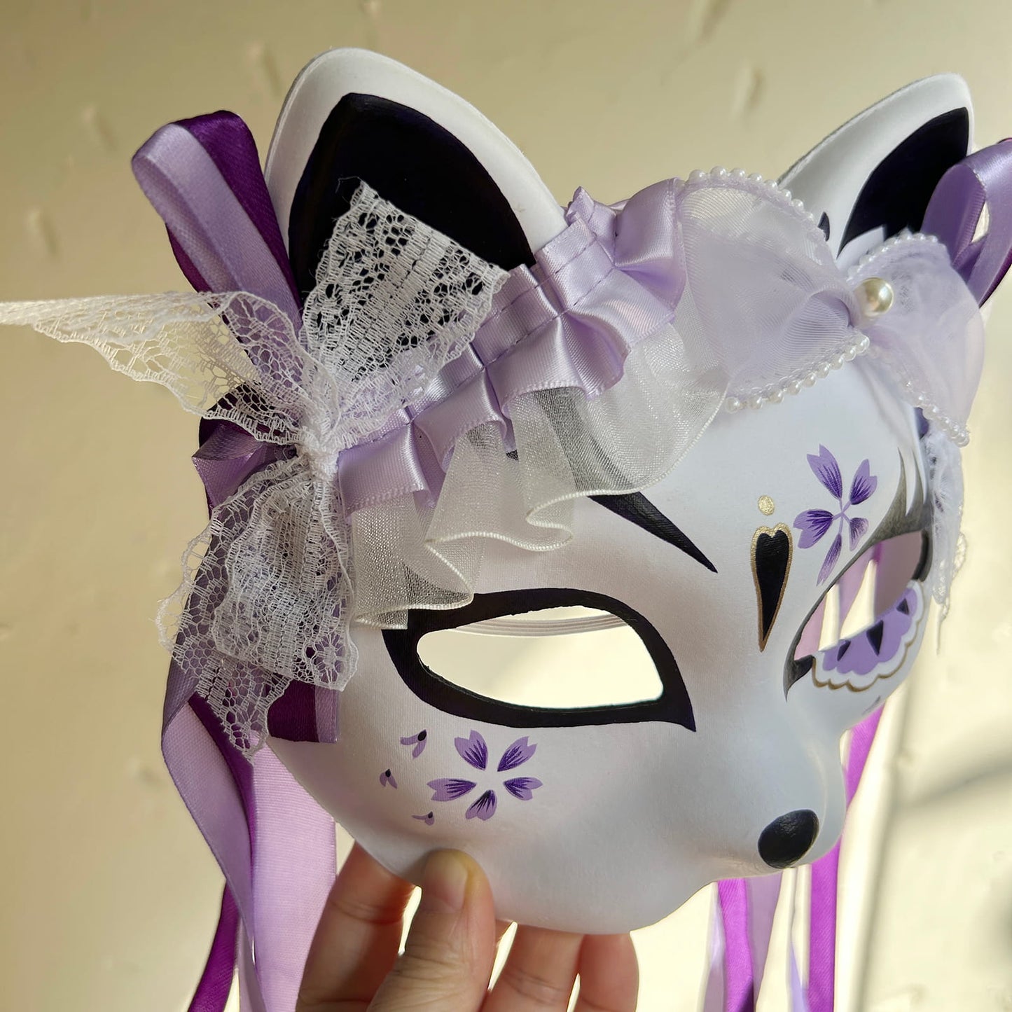 Hand-painted purple sakura cat mask Masquerade  kabuki 03