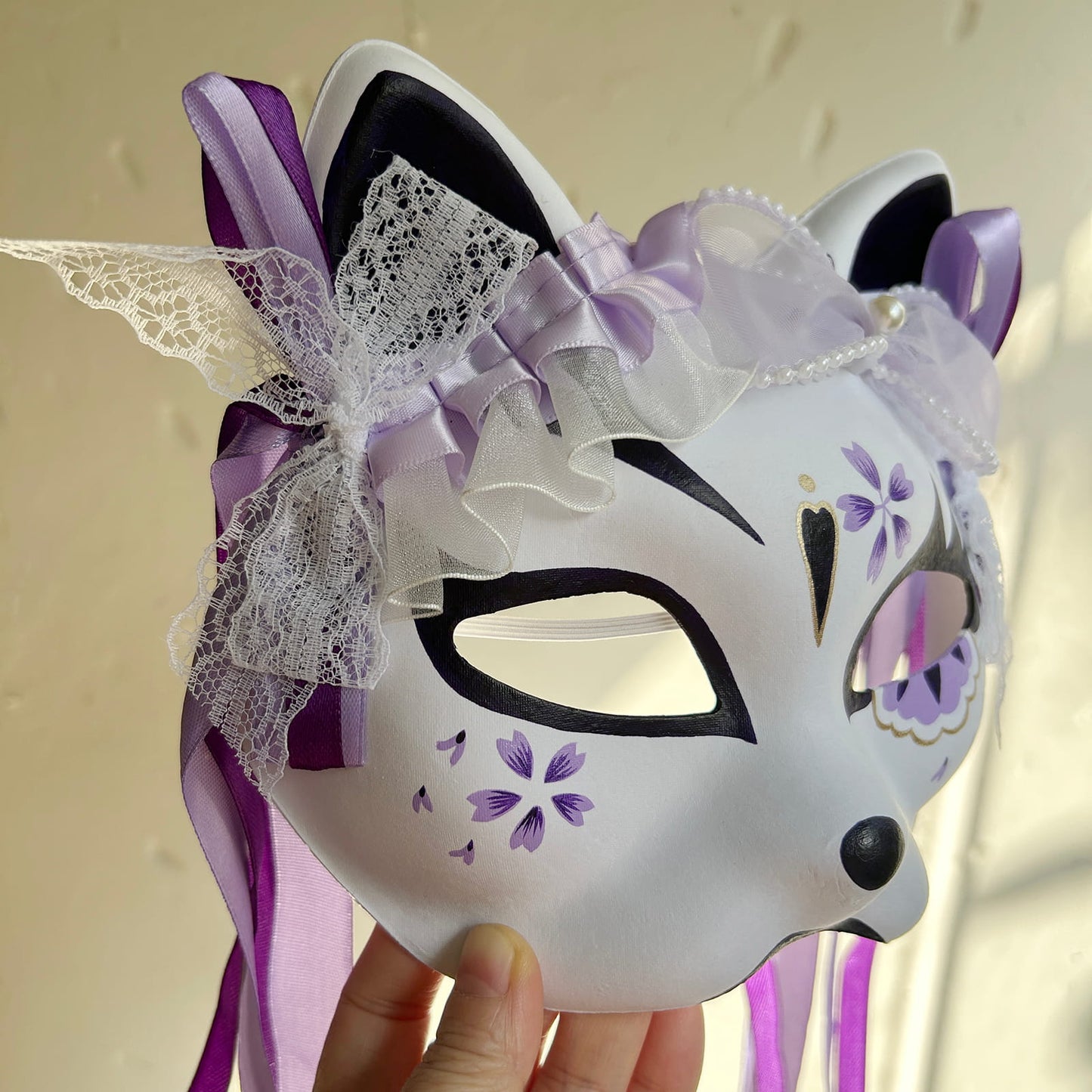 Hand-painted purple sakura cat mask Masquerade  kabuki 03