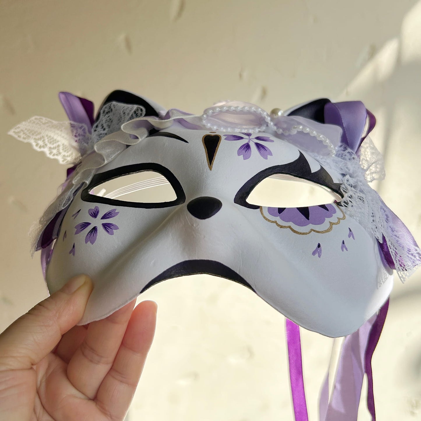 Hand-painted purple sakura cat mask Masquerade  kabuki 03