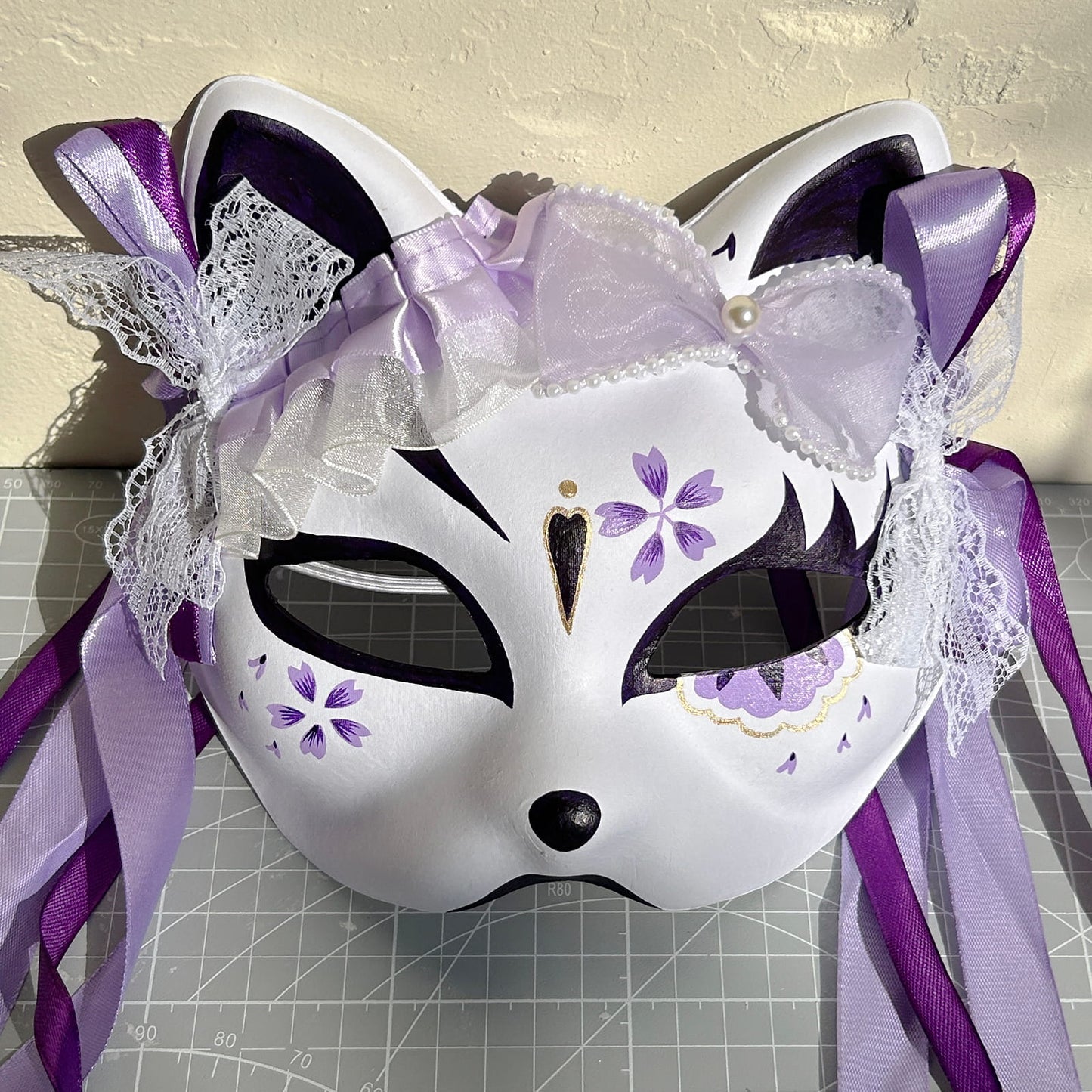 Hand-painted purple sakura cat mask Masquerade  kabuki 03