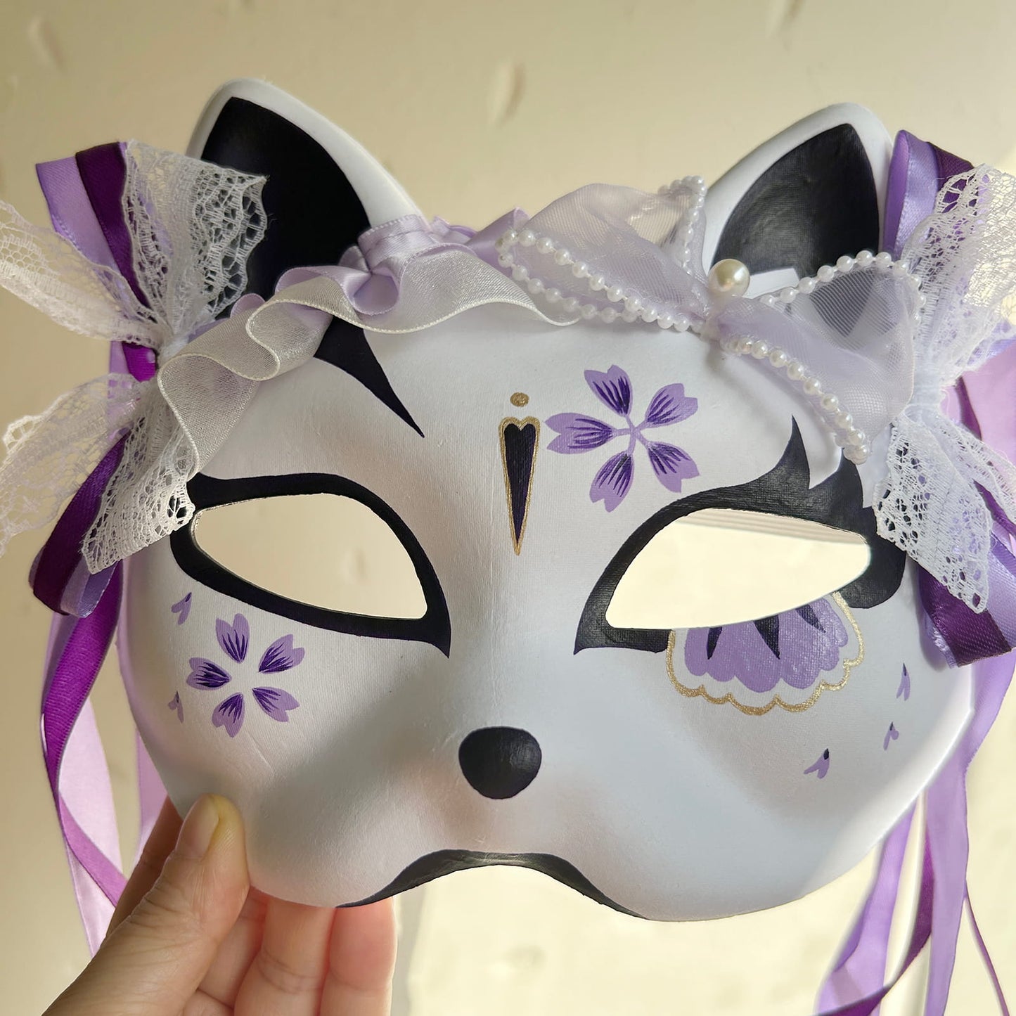 Hand-painted purple sakura cat mask Masquerade  kabuki 04
