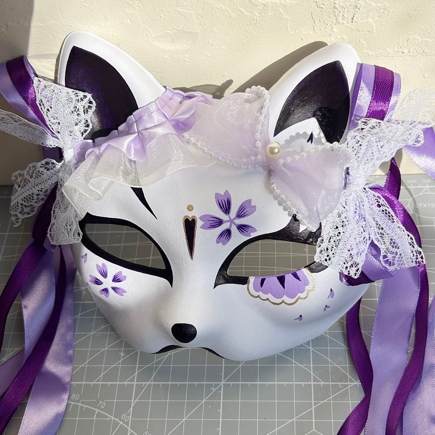 Hand-painted purple sakura cat mask Masquerade  kabuki 04