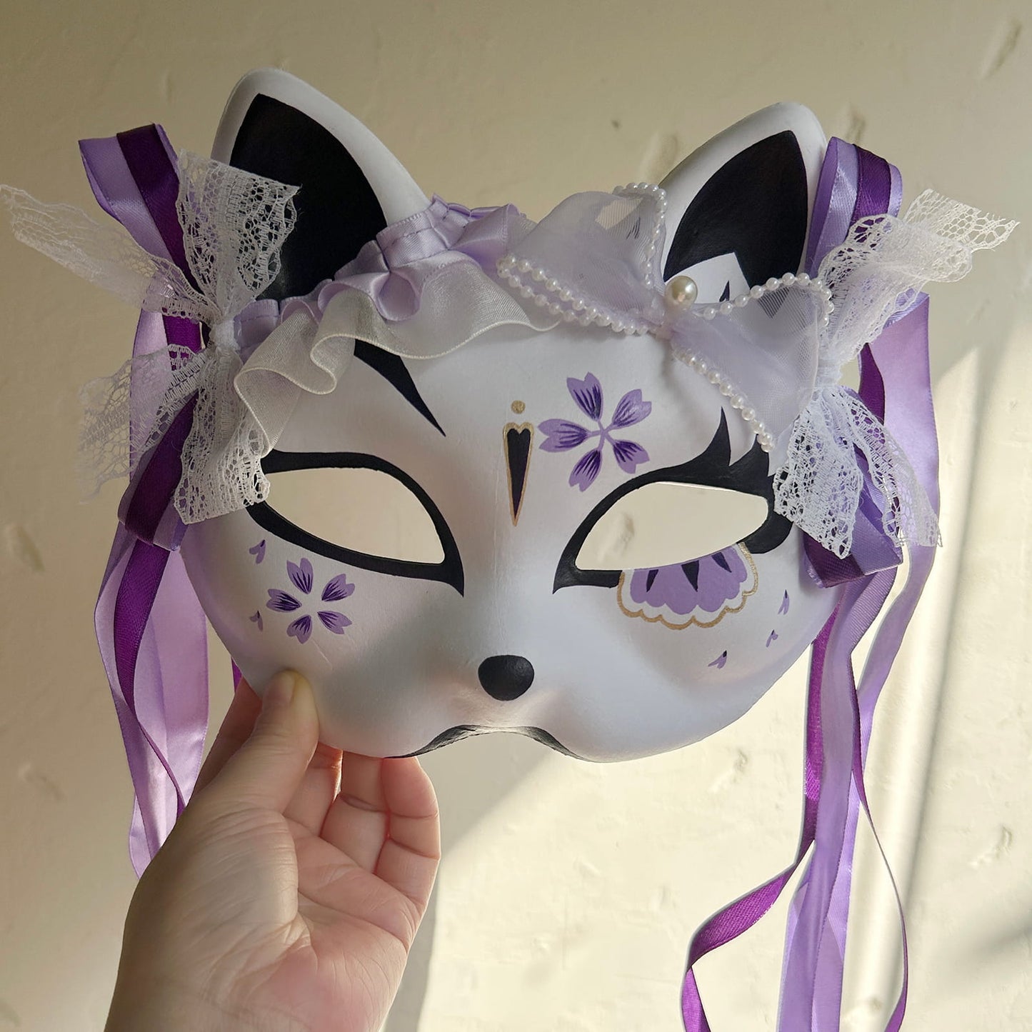 Hand-painted purple sakura cat mask Masquerade  kabuki 04