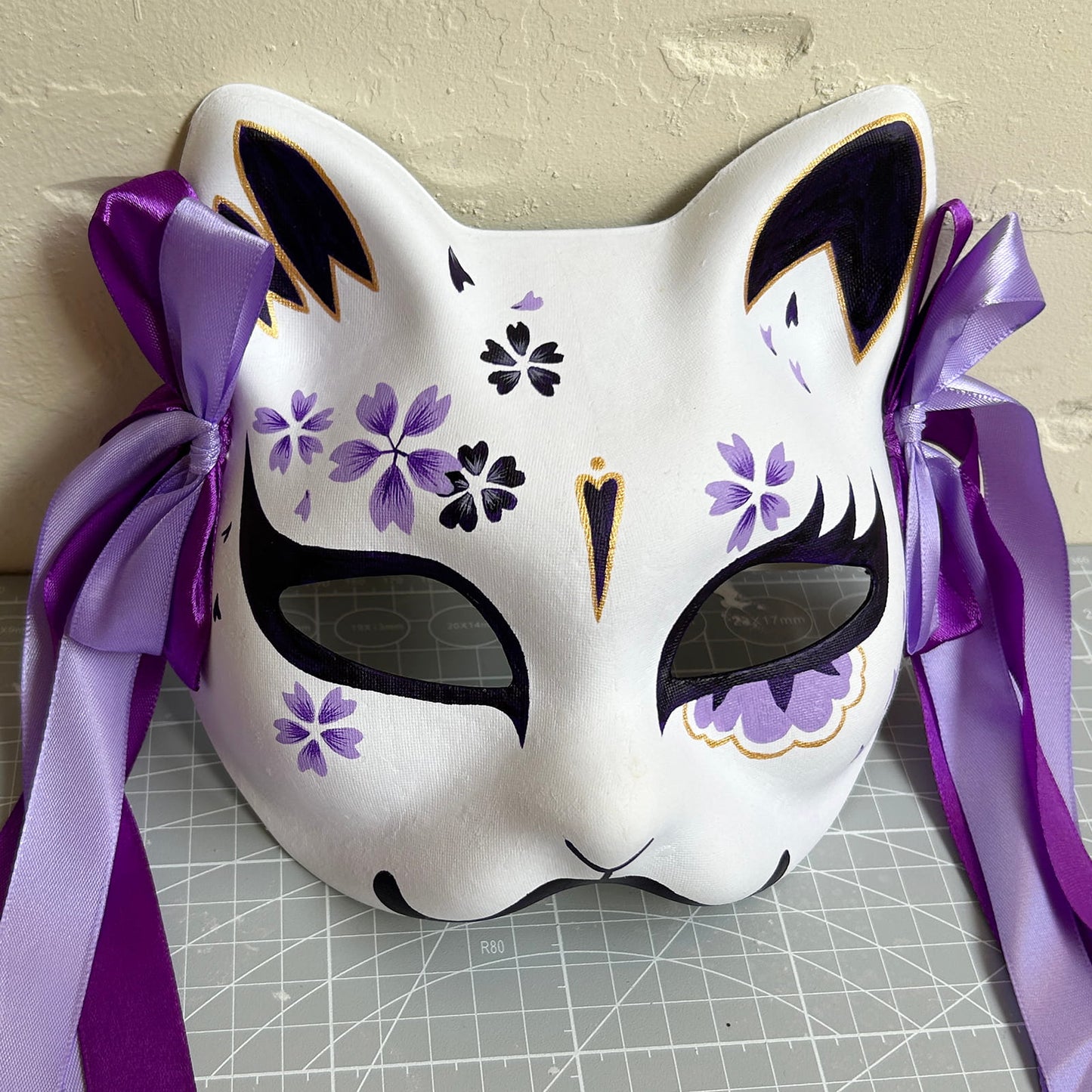 Hand-painted purple sakura cat mask Masquerade  kabuki 05