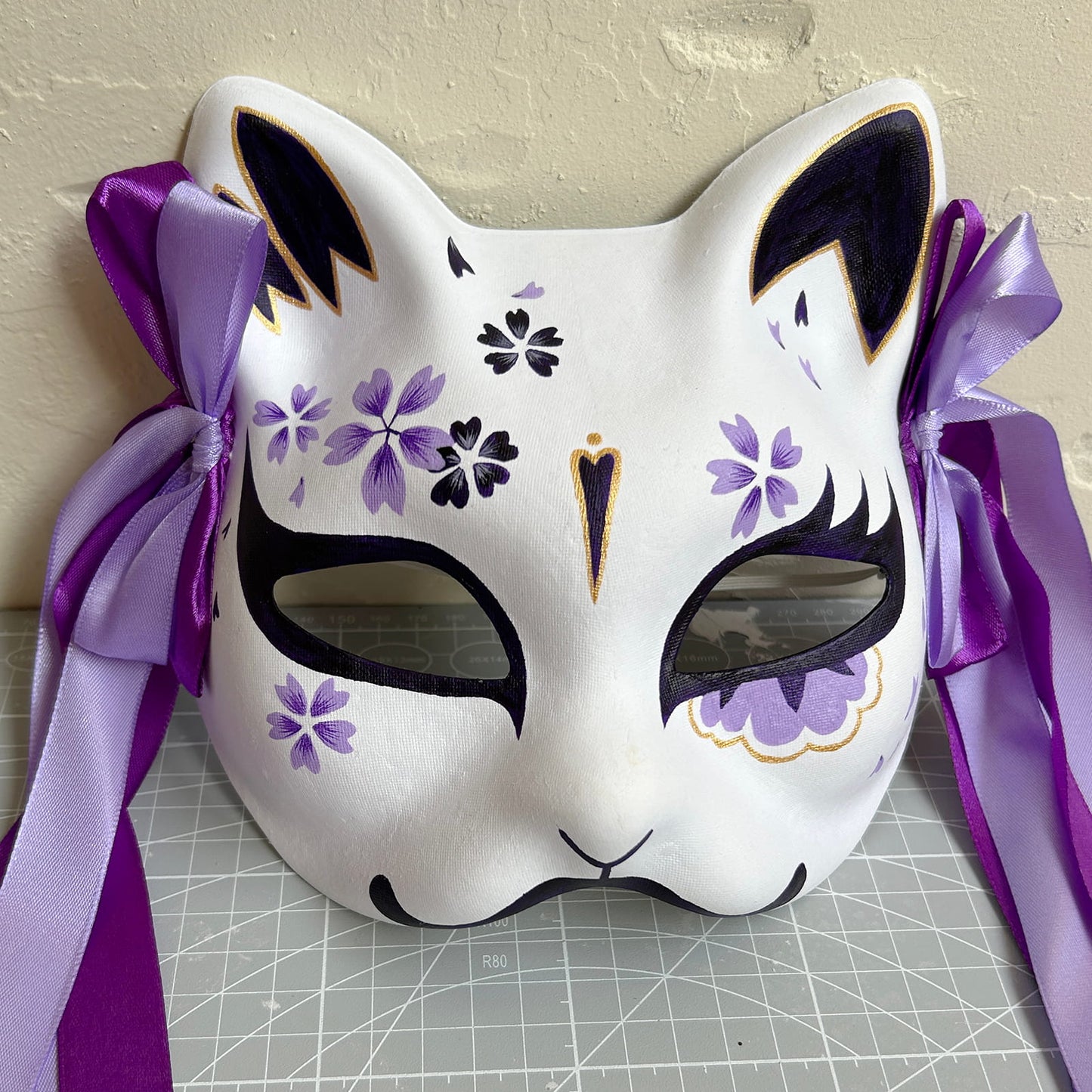 Hand-painted purple sakura cat mask Masquerade  kabuki 05