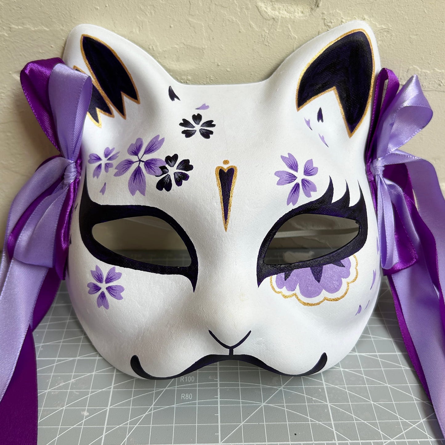 Hand-painted purple sakura cat mask Masquerade  kabuki 05
