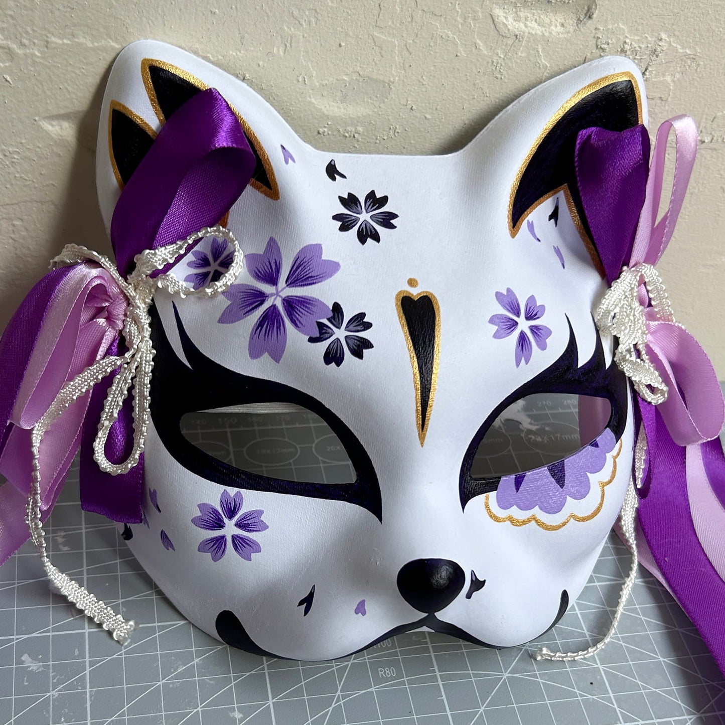 Hand-painted purple sakura cat mask Masquerade  kabuki 06