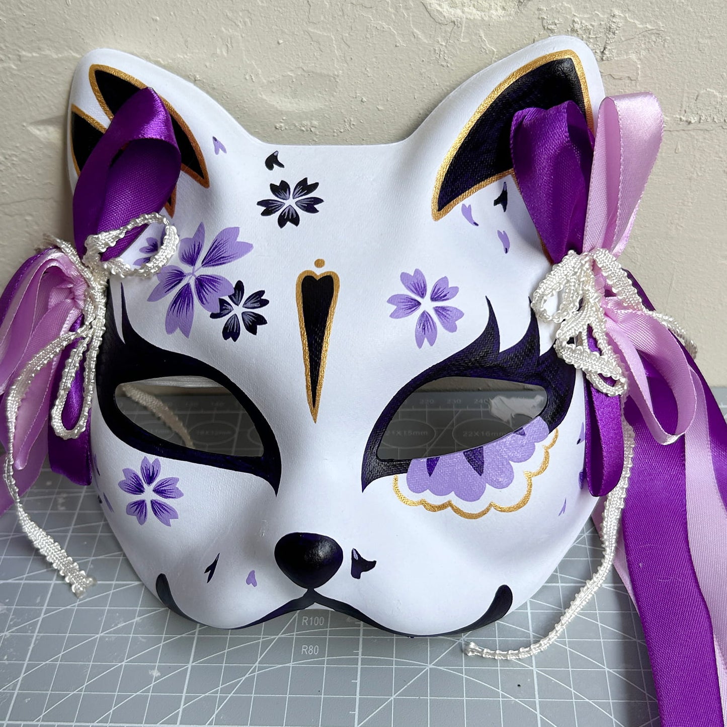Hand-painted purple sakura cat mask Masquerade  kabuki 06